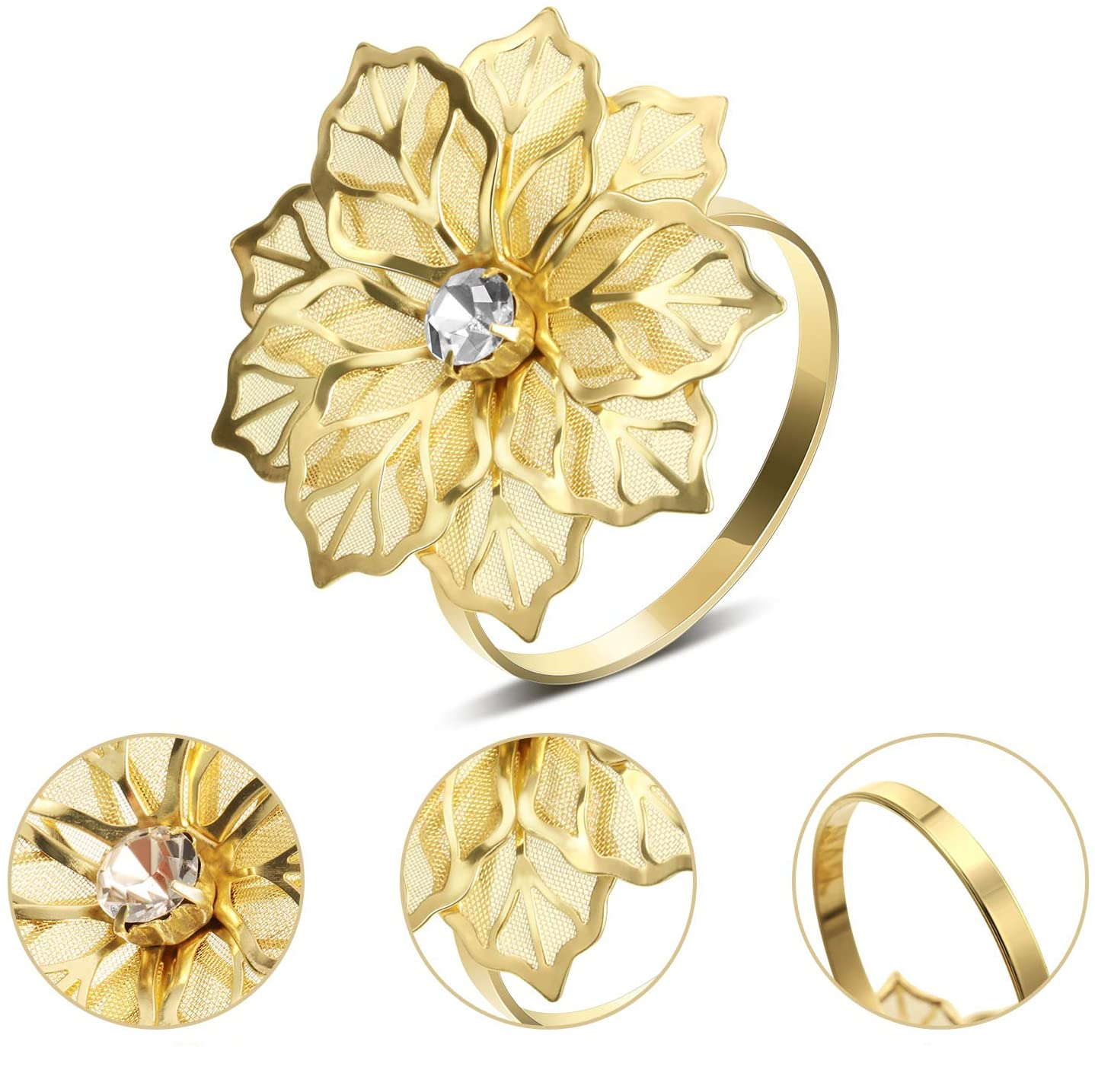 (12er Set) Ø4cm Metall Serviettenring Tischdeko Strass Blumen Tuchhalterung - Gold