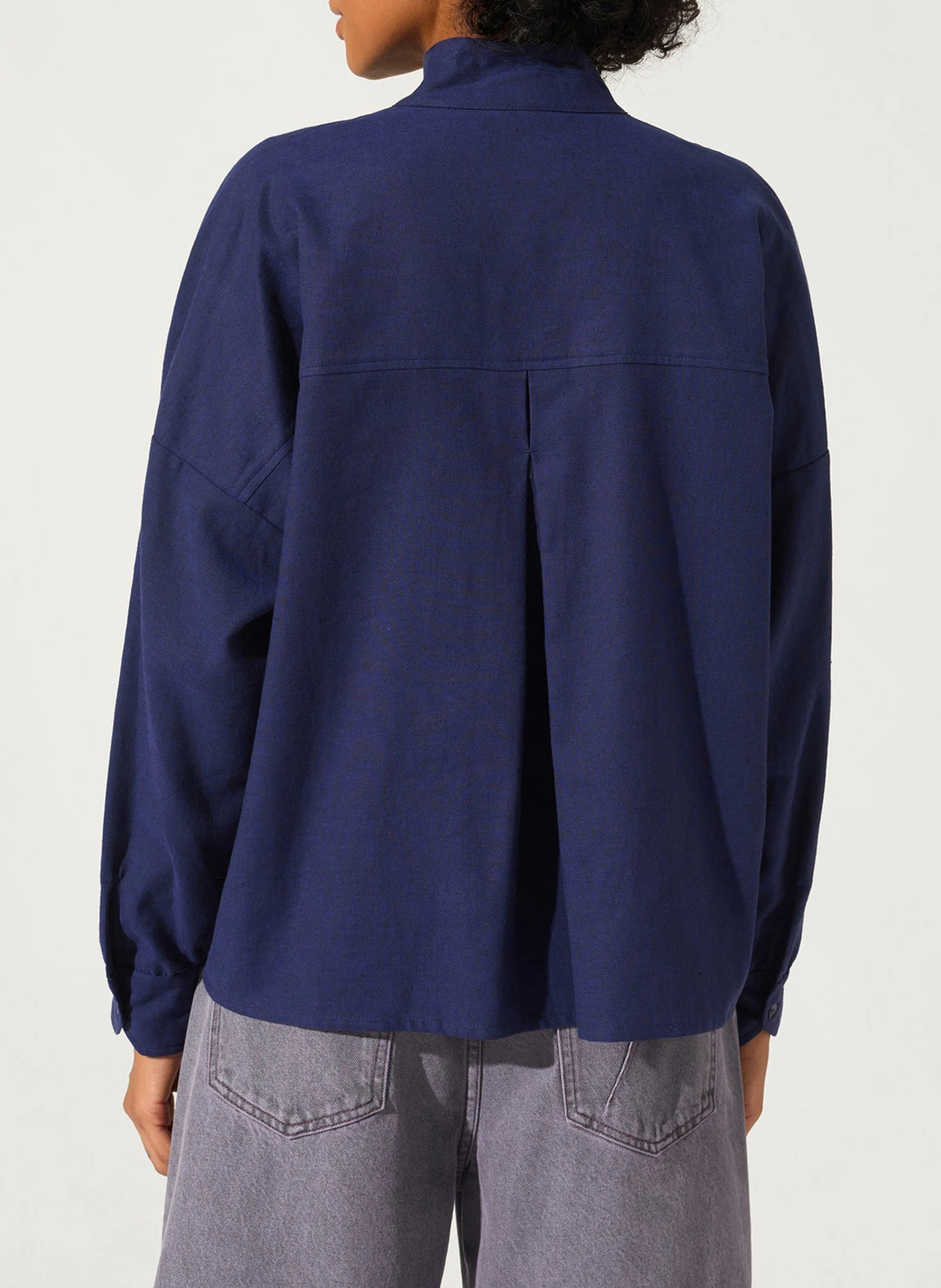 Chemise col officier en coton et en lin mélangés | Bleu