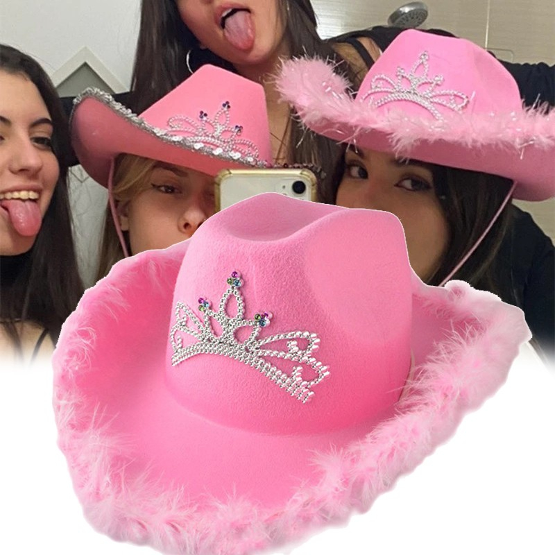 (40x25x13cm) Cowgirl Hut Fasnachts Kostüm Zubehör Feder Hut Motto Party Accessoire Foto Requisite - Pink