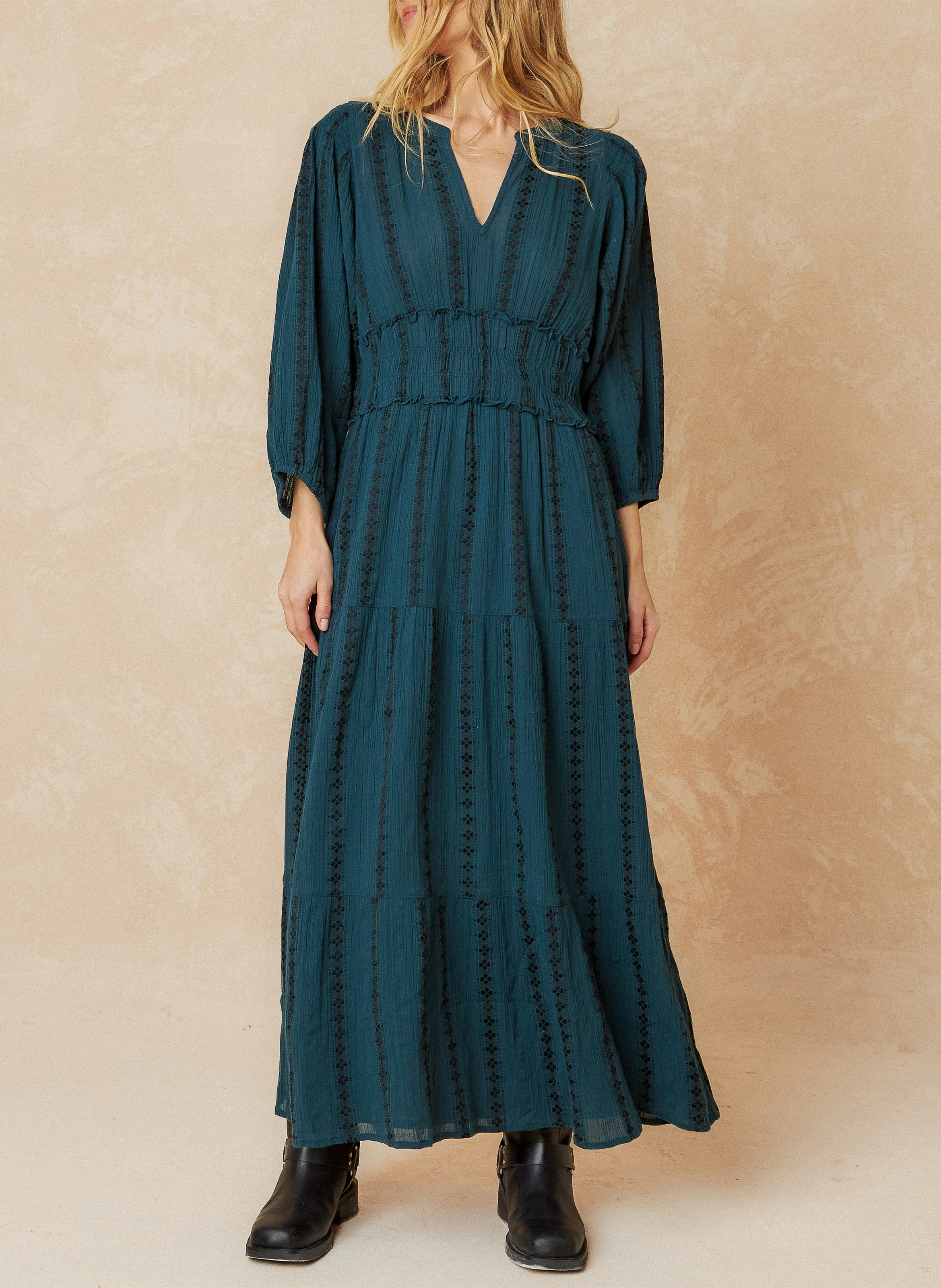 Robe longue col V jacquard en coton mélangé | Bleu