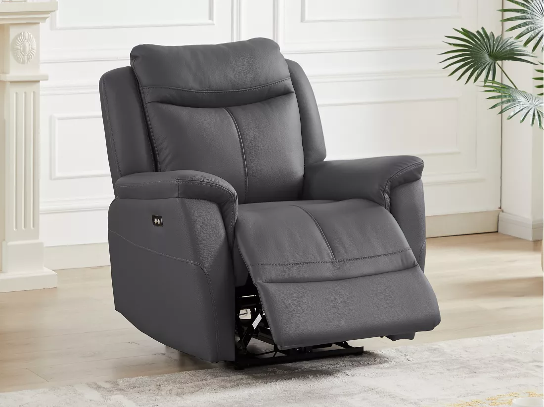 Fauteuil relax électrique en cuir de vachette gris anthracite NOMAJO