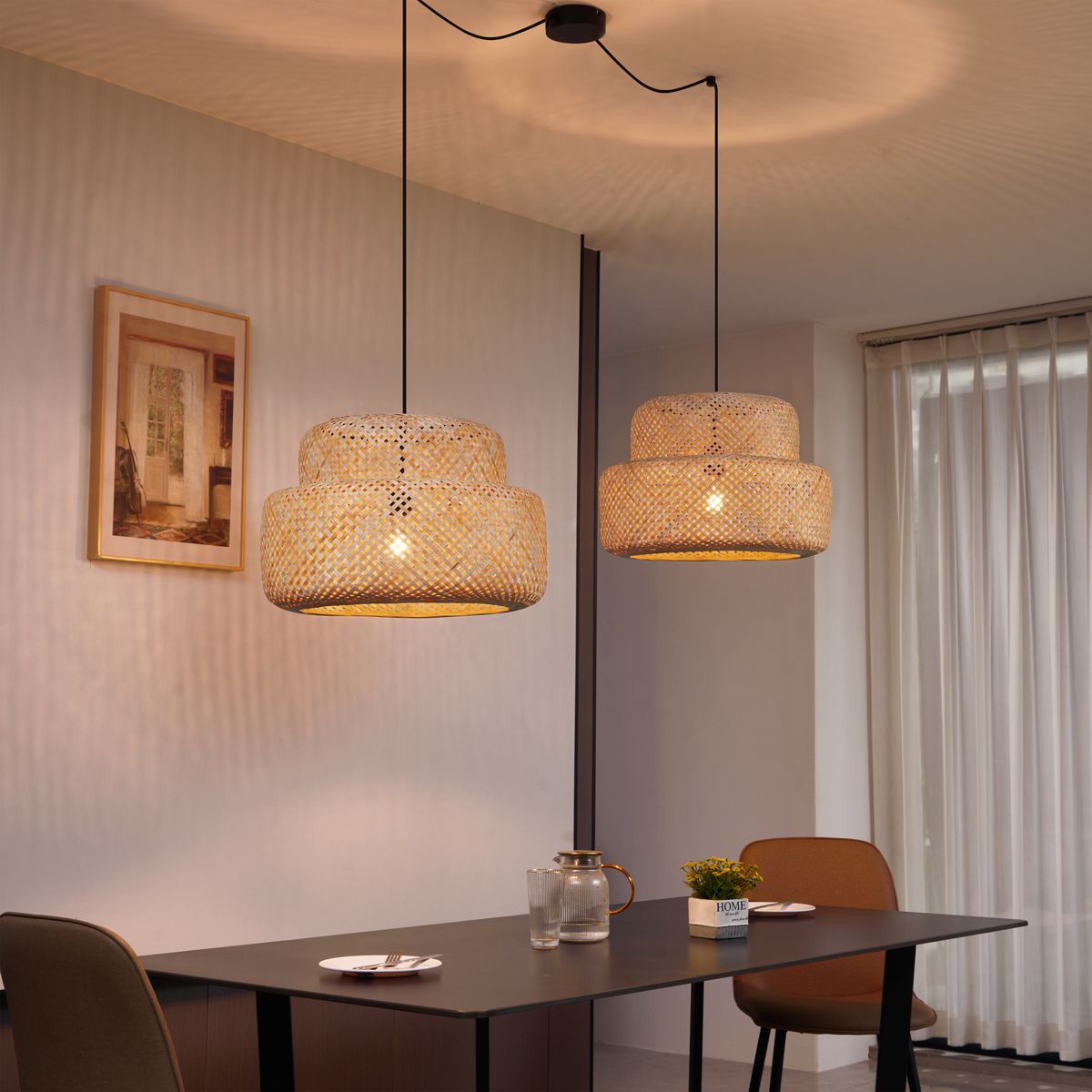 Japandi hanglamp zwart met bamboe 2-lichts - Kea