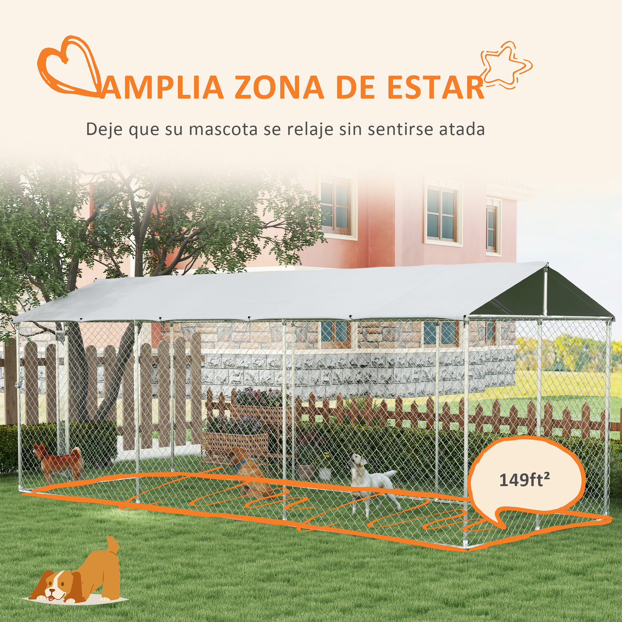 Canil externo PawHut para cães, com 1 porta, estrutura de aço, cobertura impermeável e resistente aos raios UV, 600x230x230 cm, prateado.