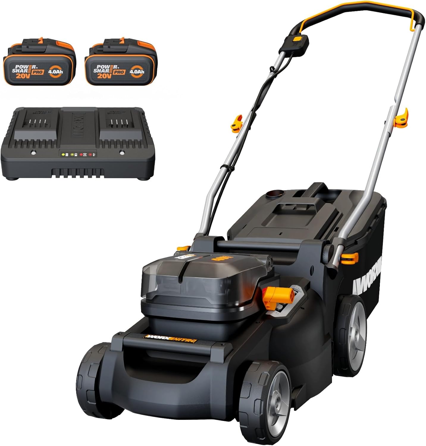 WORX Tondeuse à Gazon sans Fil 40V WG737E, Surface Max de 600 m², Lame de 37cm, Sac de 40L, Coupe jusqu'aux Bordures, 6 Hauteurs de Coupe, Livrée avec 2 Batteries 4Ah et Chargeur Double Rapide