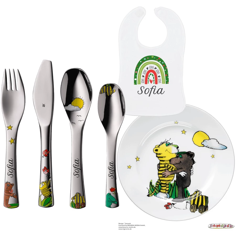Schnullireich Geschenkset mit Namen Janosch: WMF Kinderbesteck + Kinderteller + Lätzchen Silber