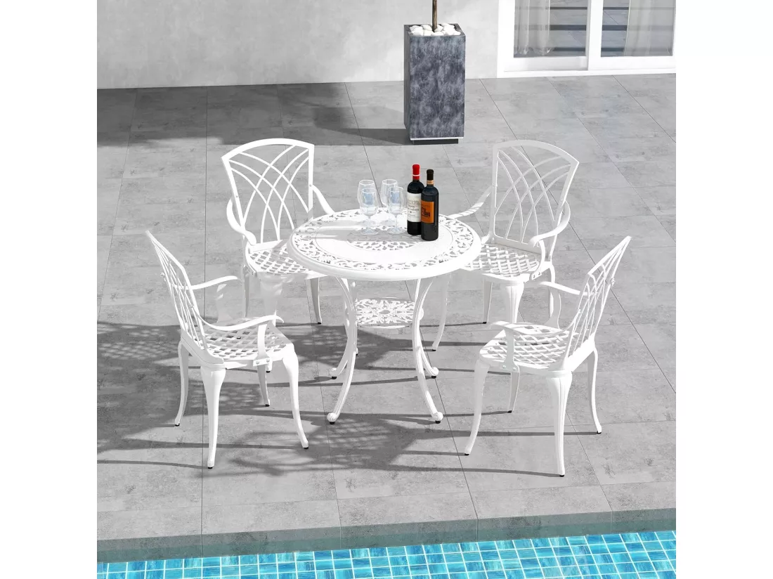 Ensemble Bistrot pour Patio 5 Pièces en Fonte d'Aluminium, Table Ronde avec Trou pour Parasol et 4 Chaises, Salon de Jardin Résistant aux Intempéries pour Jardin Terrasse, Blanc