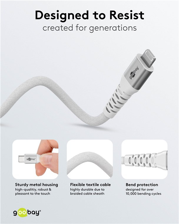 (1m) 60W MFi USB C auf Lightning Ladekabel Textil Datenkabel (74519) - Weiss