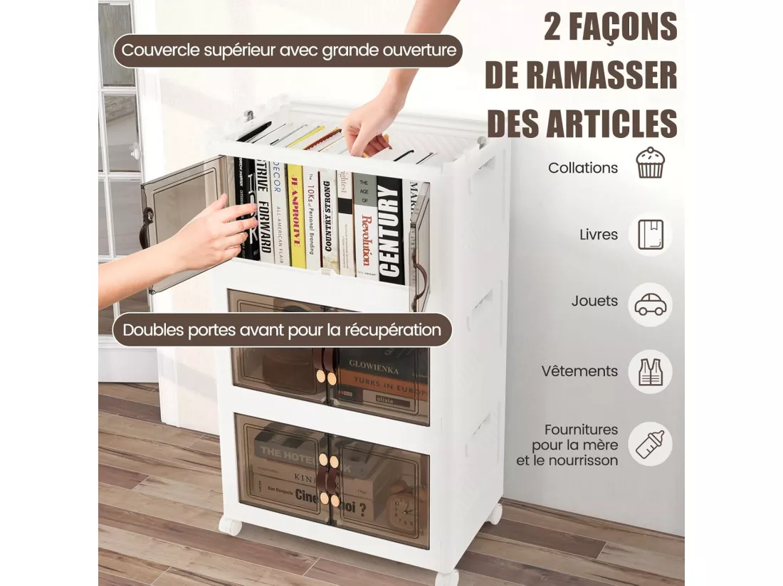 Boîte Rangement Plastique 125L, 3 Caisses de Rangement Pliables avec 4 Roulettes et Couvercles, Boite Empilable pour Vêtement, Livres, Jouets, Caisse pour Chambre, Salon, Cuisine (125L)