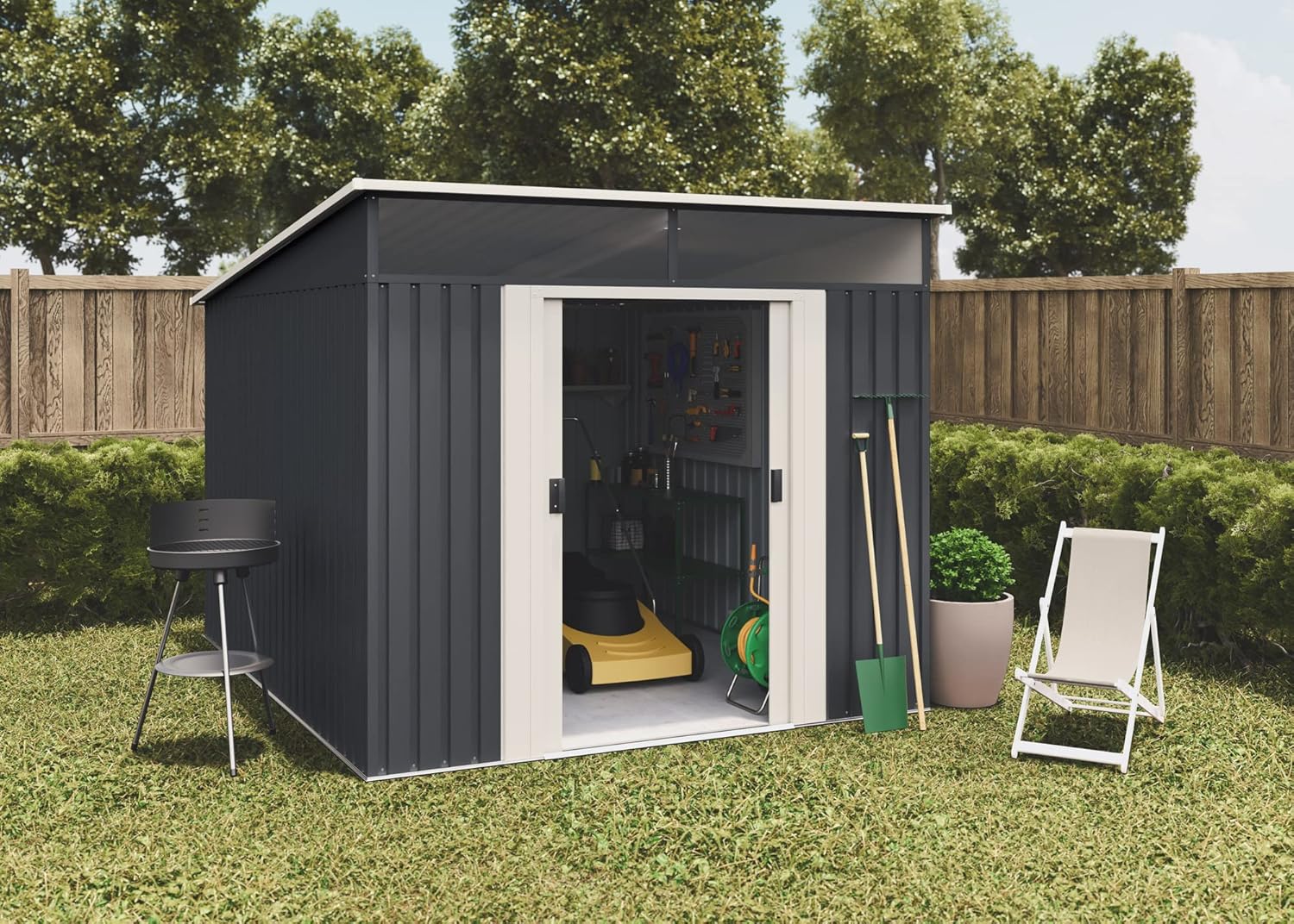 Wasabi - Gartenhaus Metall 6,6m2 Stark – 238 x 279 x 203cm - Oberlicht - Doppelte Schiebetür – Anthrazitgrau – Geräteschuppen XXL – Gerätehaus Outdoor Wetterfest