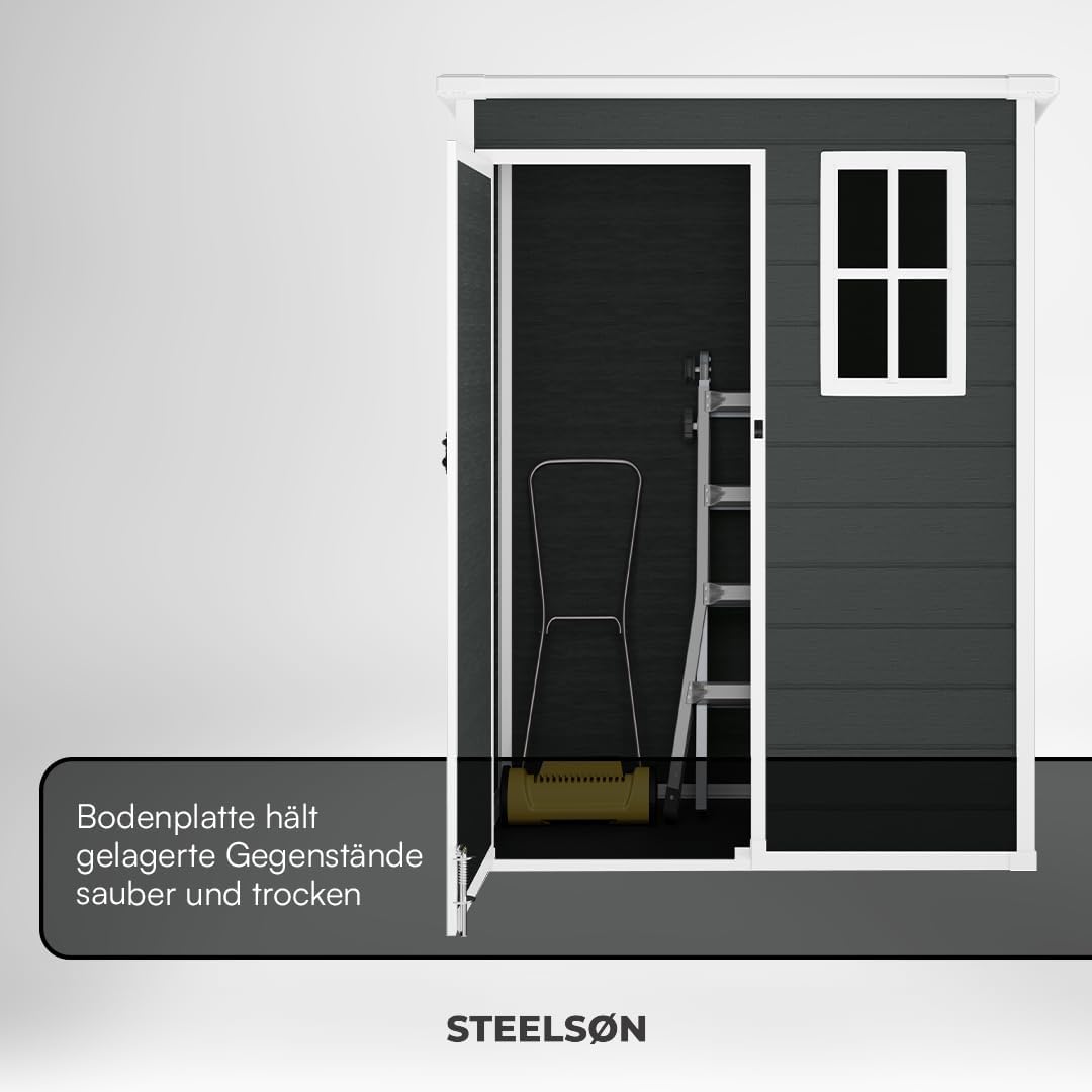 STEELSØN Novara Gerätehaus – Gartenschuppen mit Pultdach & Fenster – Gartenhaus 192x92x151 cm (HxTxB) – Geräteschuppen aus Kunststoff in Anthrazit – Gartenhütte wetterfest & rostfrei – Schuppen