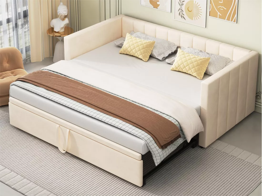 Lit gigogne rembourré 90/180x200cm lit canapé en tissu velours avec sommier à lattes - Beige
