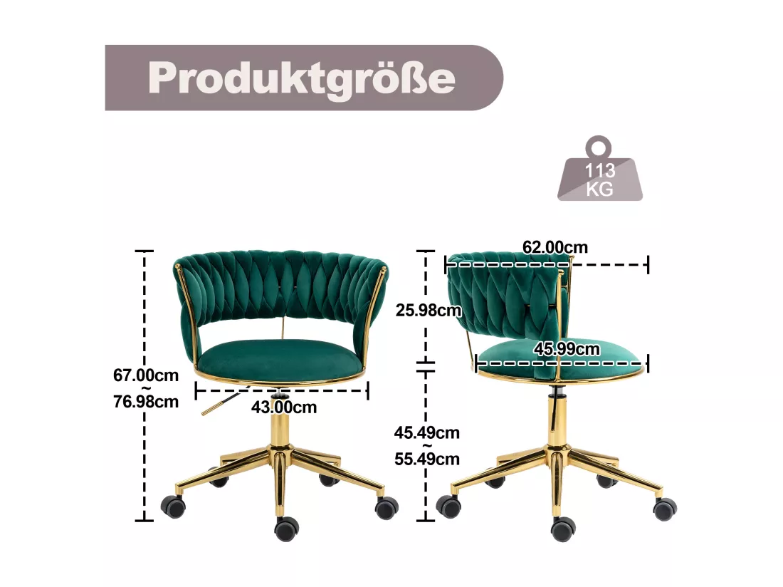 Chaise De Bureau Douce En Velours, Rotation 360°, Réglage De Hauteur, Base En Acier