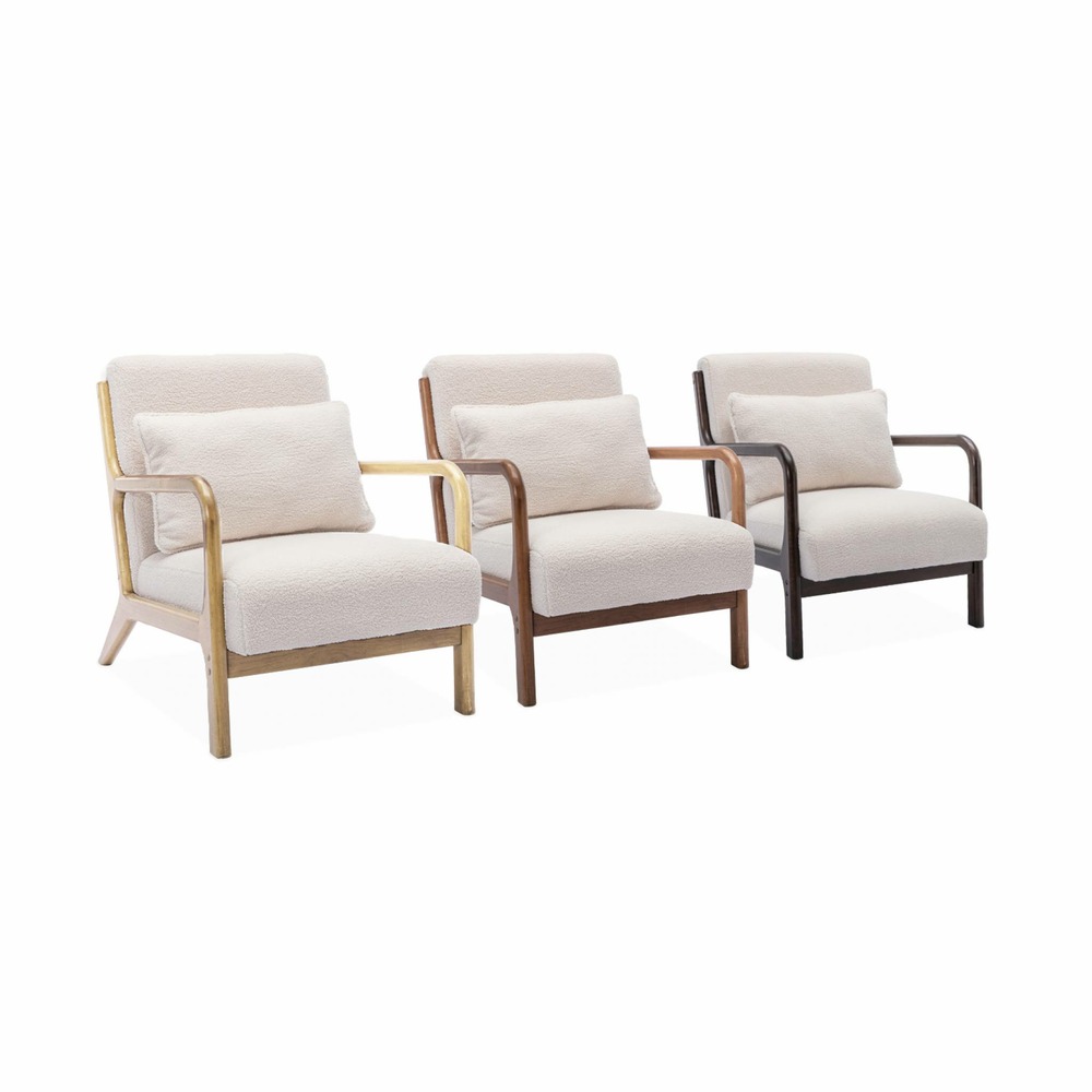 Fauteuil à bouclettes . Pieds bois d'hévéa teinté noyer clair. 1 place droit fixe. Pieds compas scandinave. Structure en bois solide