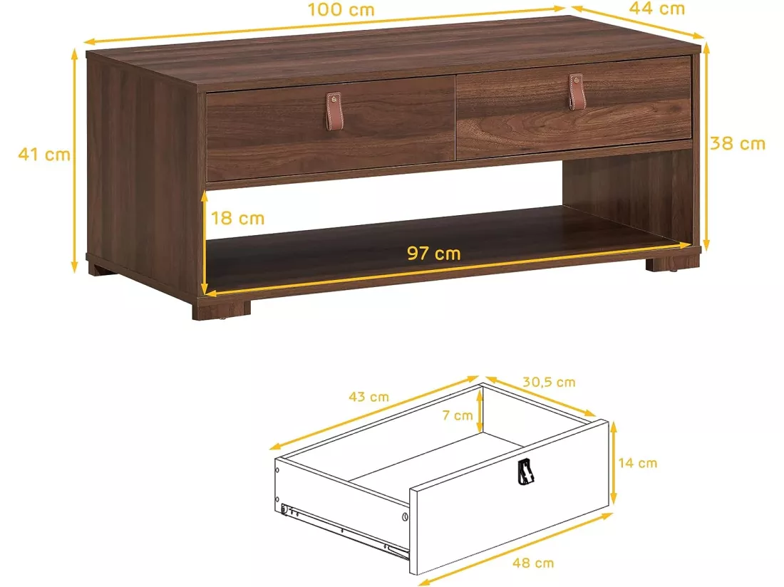 Table basse vintage avec 2 tiroirs et étagère de rangement ouverte, 100 x 44 x 41 cm