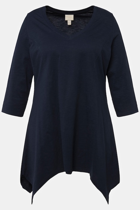 Shirt, Zipfelsaum, V-Ausschnitt, 3/4-Arm, Biobaumwolle