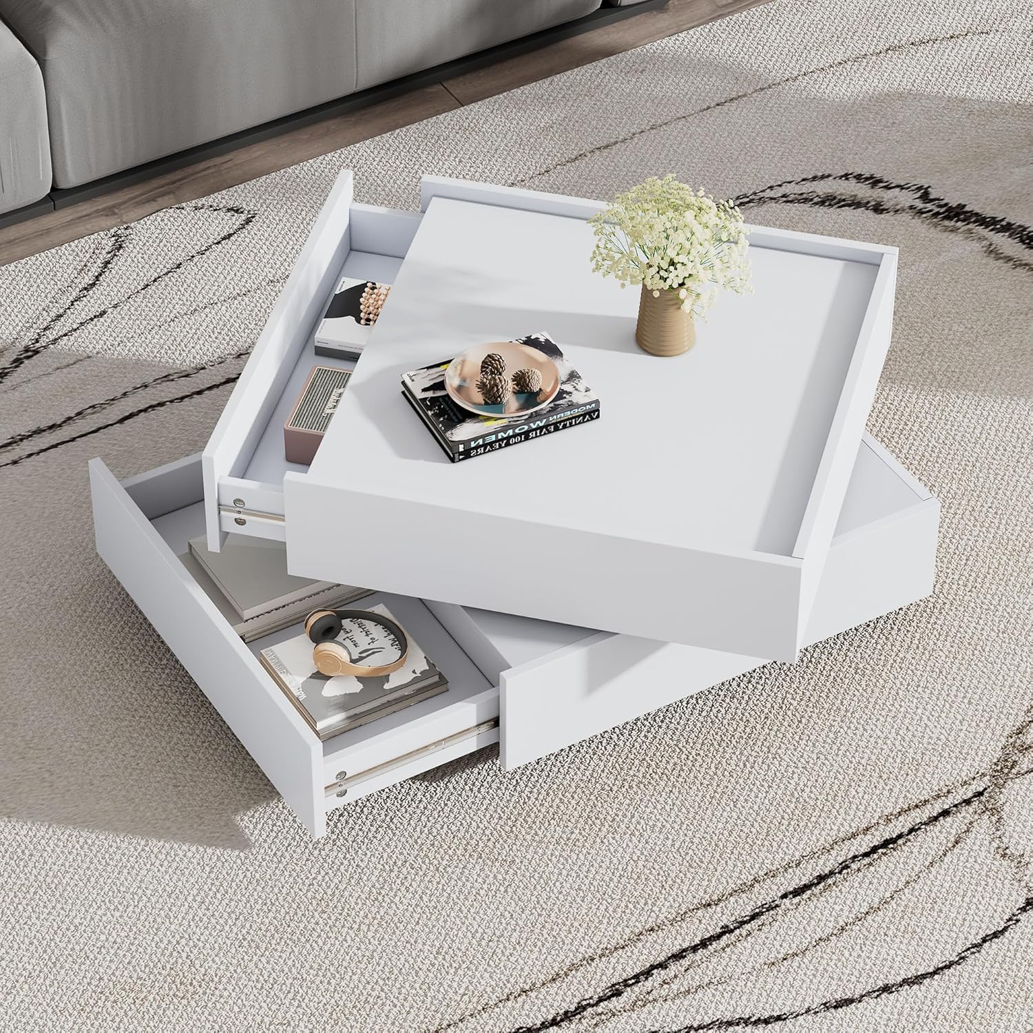 BTM Funktionaler Couchtisch für das Wohnzimmer, 360° drehbar, drehbare Tischplatte mit 2 Ablagen und Stauraum, Gestell Wohnzimmerbeistelltisch reinweiß, 60x60x38 cm