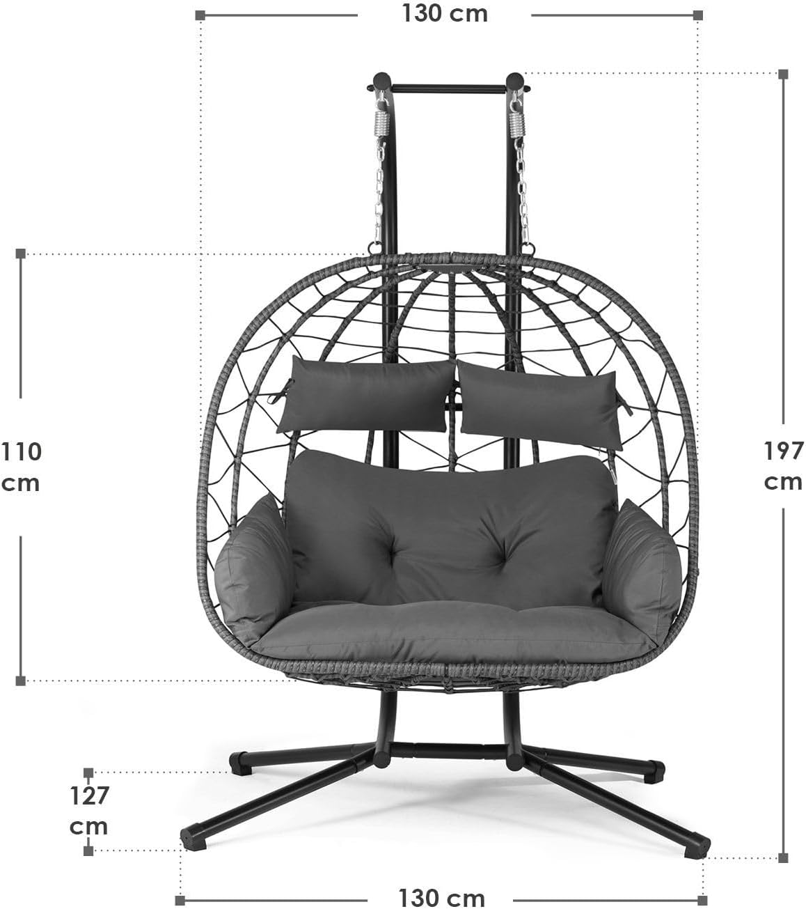Juskys® Doppelhängesessel Aria - Polyrattan Hängesessel mit Gestell & Kissen - Schaukel für Zwei Personen - Outdoor Indoor Sessel - XXL Korb Grau