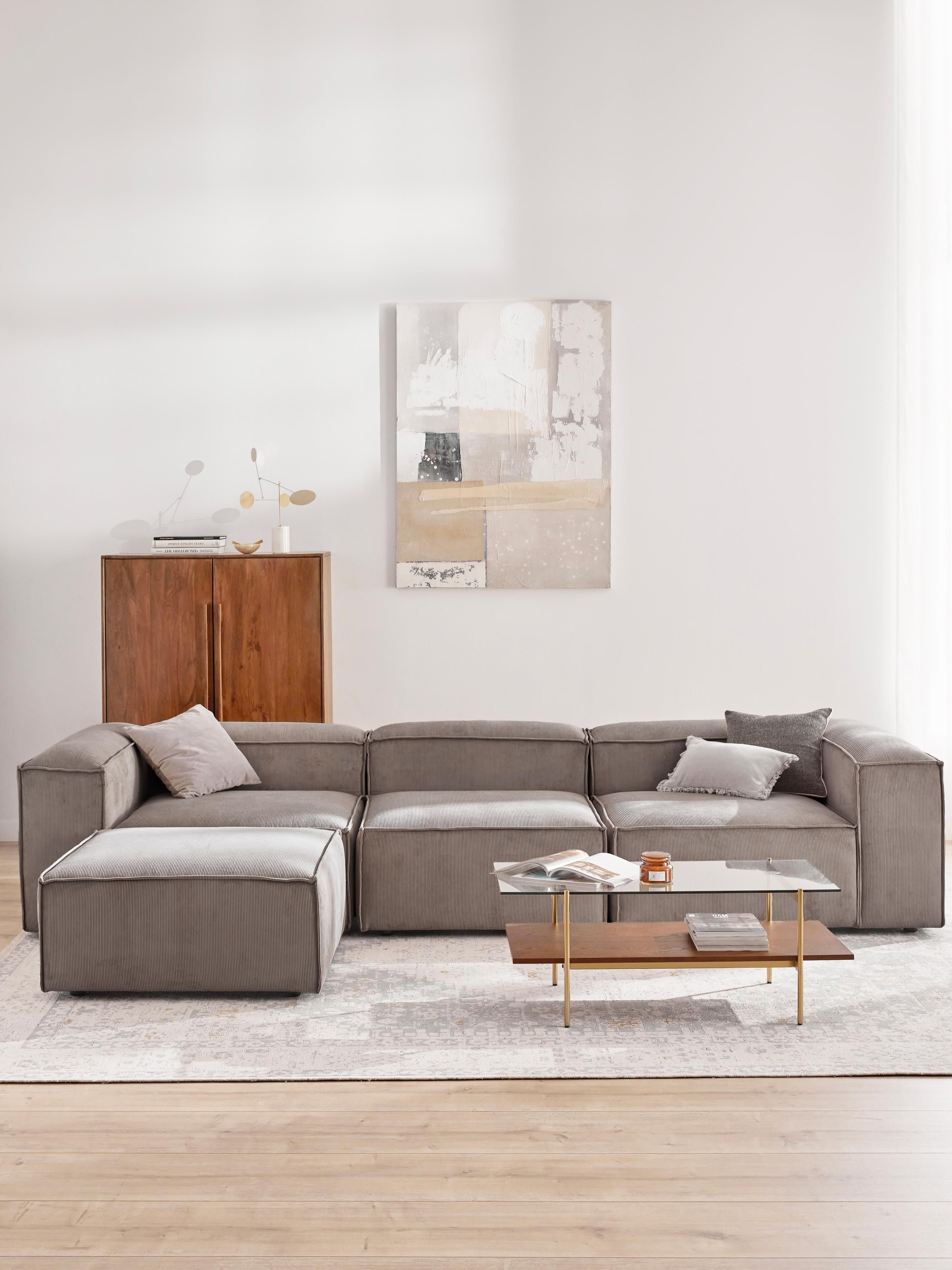Modulaire bank Lennon (4-zits) van corduroy met poef (links/rechts)