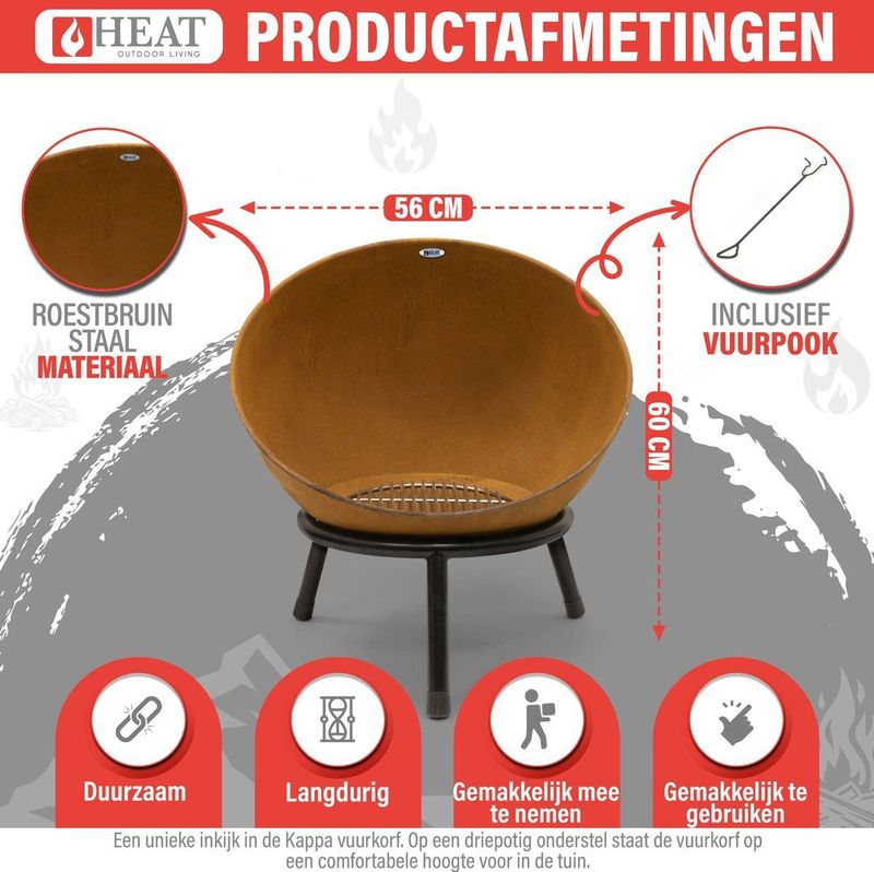 HEAT Outdoor Living Vuurkorf voor Buiten - Kappa Roest - Ronde Vuurkorf op Poten - Vuurkorf Schaal van Staal - 56x56x60 cm