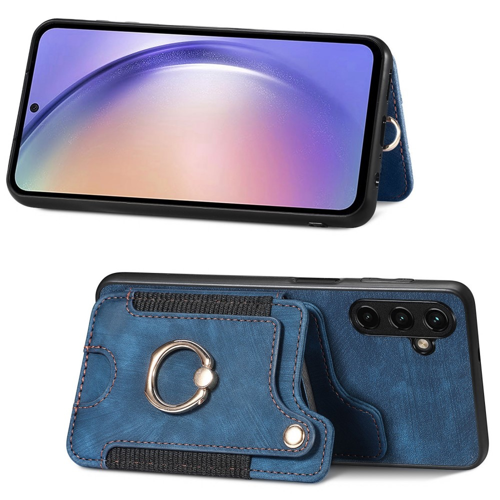 Samsung Galaxy A54 5G Necklace Leder Hülle mit Kartenfächer   Finger Griff Halterung   Handykette (RFID Schutz) - Blau