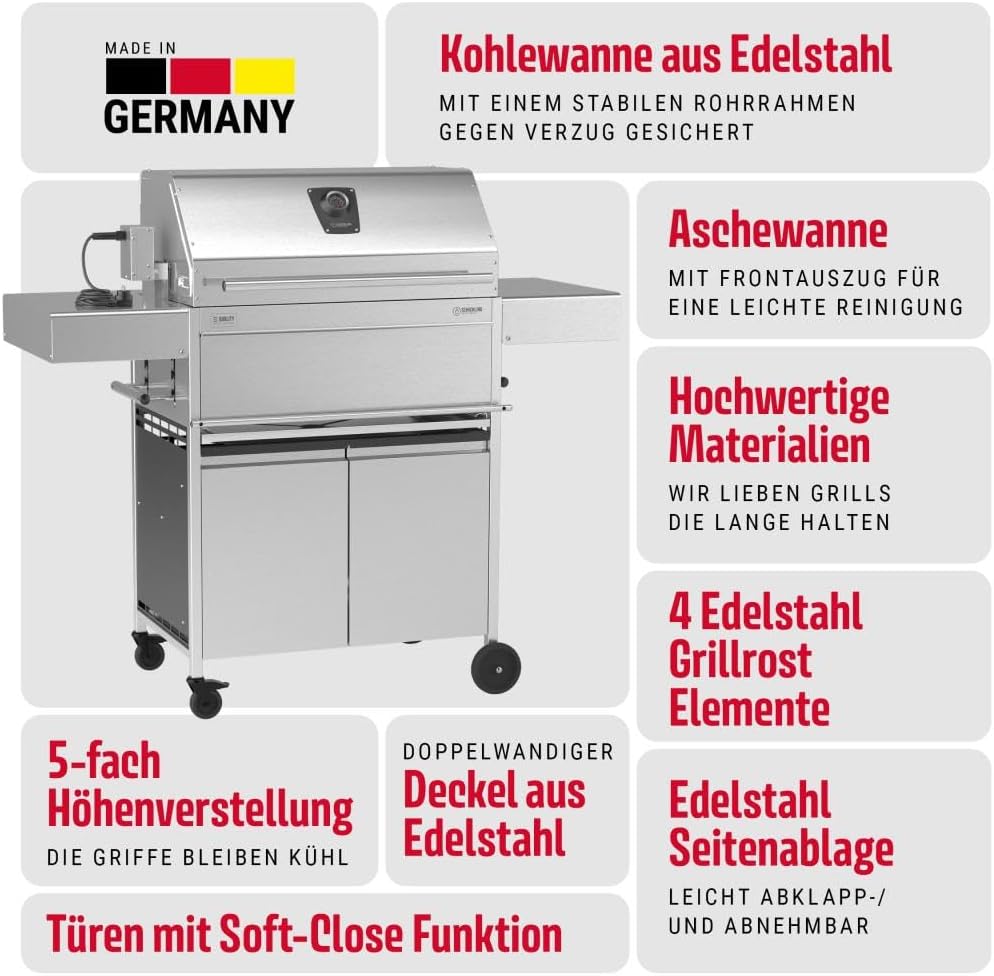 Schickling Holzkohlegrill 'Walter XL - Pro' Grillwagen BBQ Holzkohlegrill aus rostfreiem Edelstahl mit doppelwandigem Deckel - Made in Germany, mit Drehspieß & Backburner, Grillfläche: 71 x 45 cm