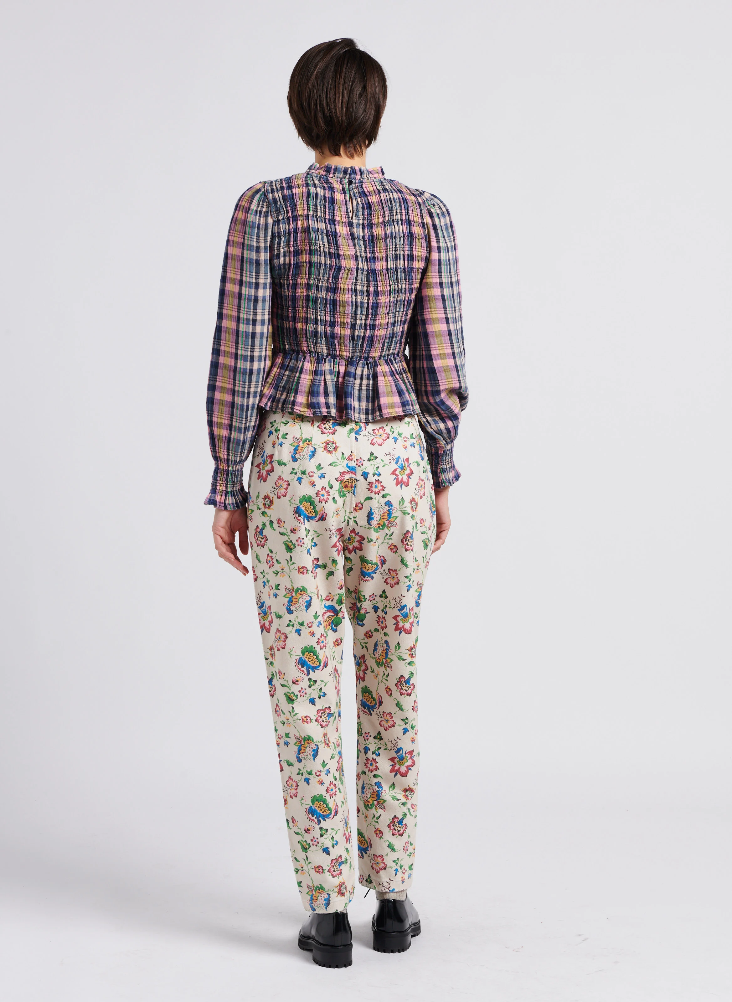 RENE - Pantalon carotte imprimé à fleurs en coton mélangé | Bleu