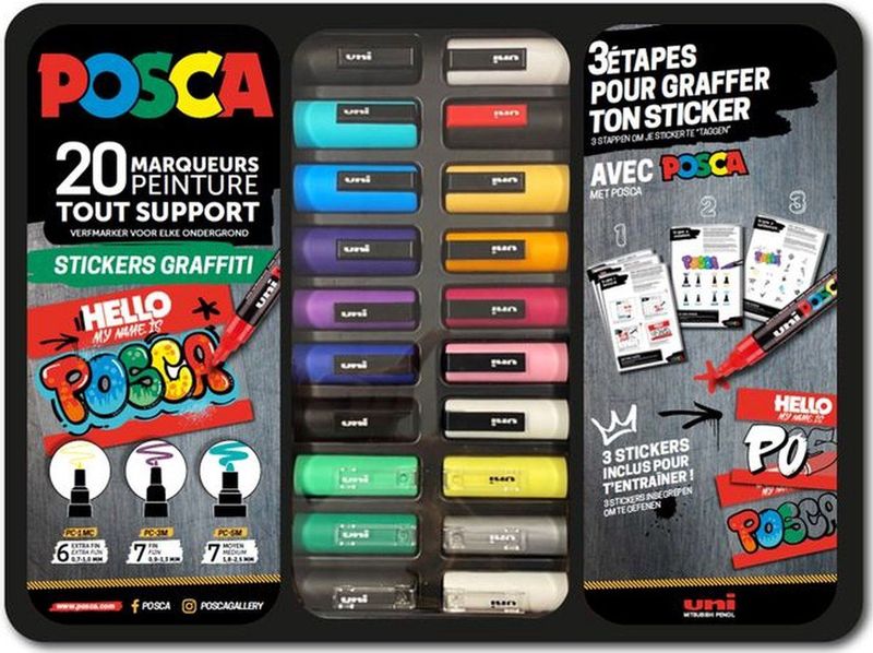Posca - Sticker Graffiti - Verfstift Set - Assorti - 20 Stuks - Metalen Koffer