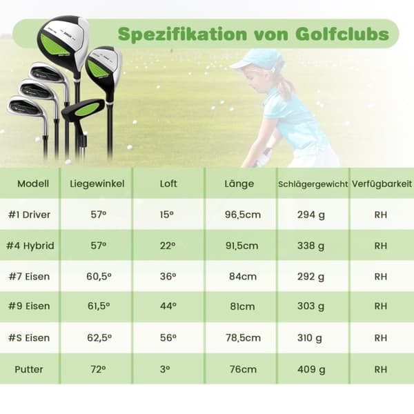 6-delt barnegolfkøllesett med golfbag og regntrekk for barn i alderen 11-13 år green
