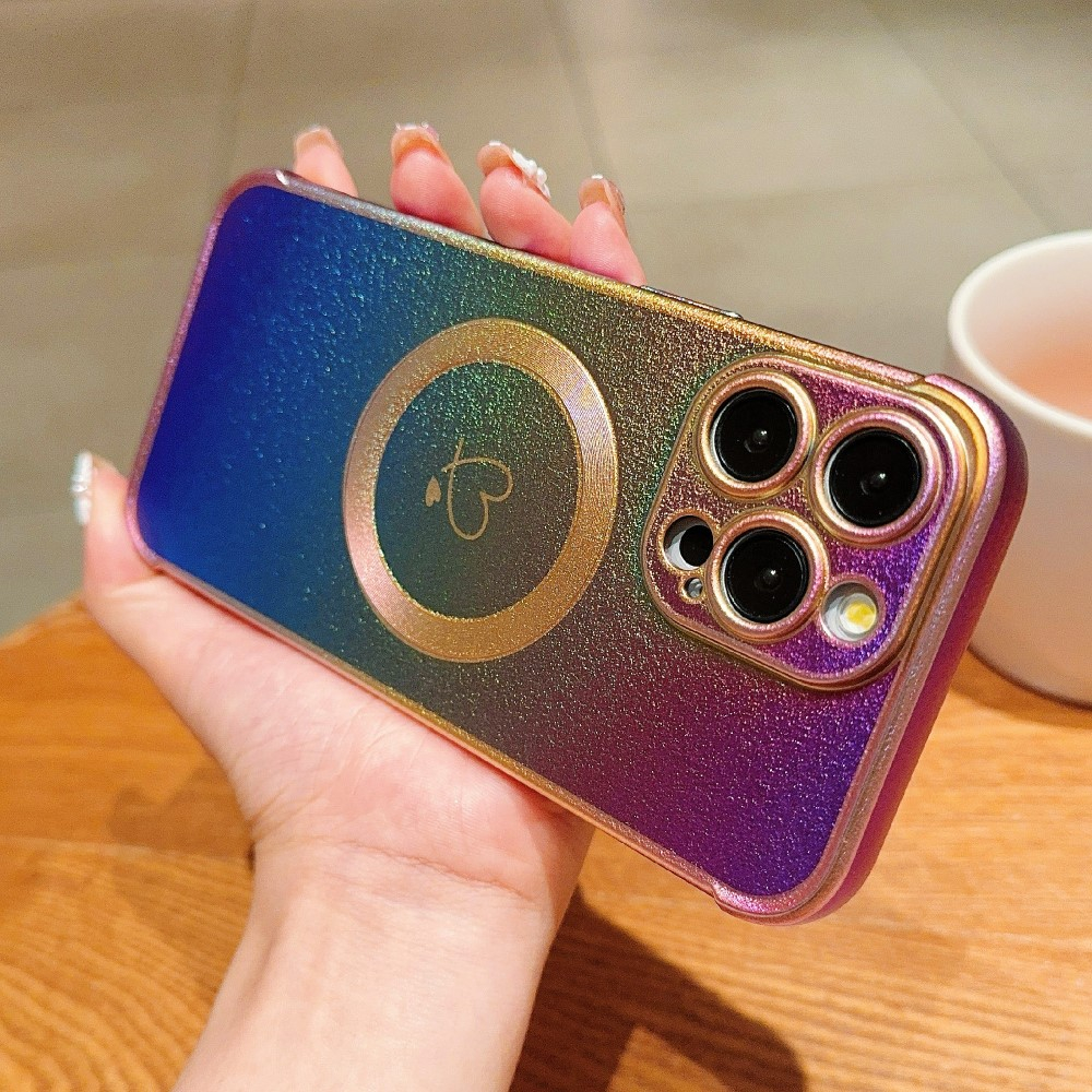 iPhone 16 Pro Max MagSafe Gummi Case Hülle Galvanisierter Rahmen Farbverlauf   Kameraglasschutz - Regenbogen