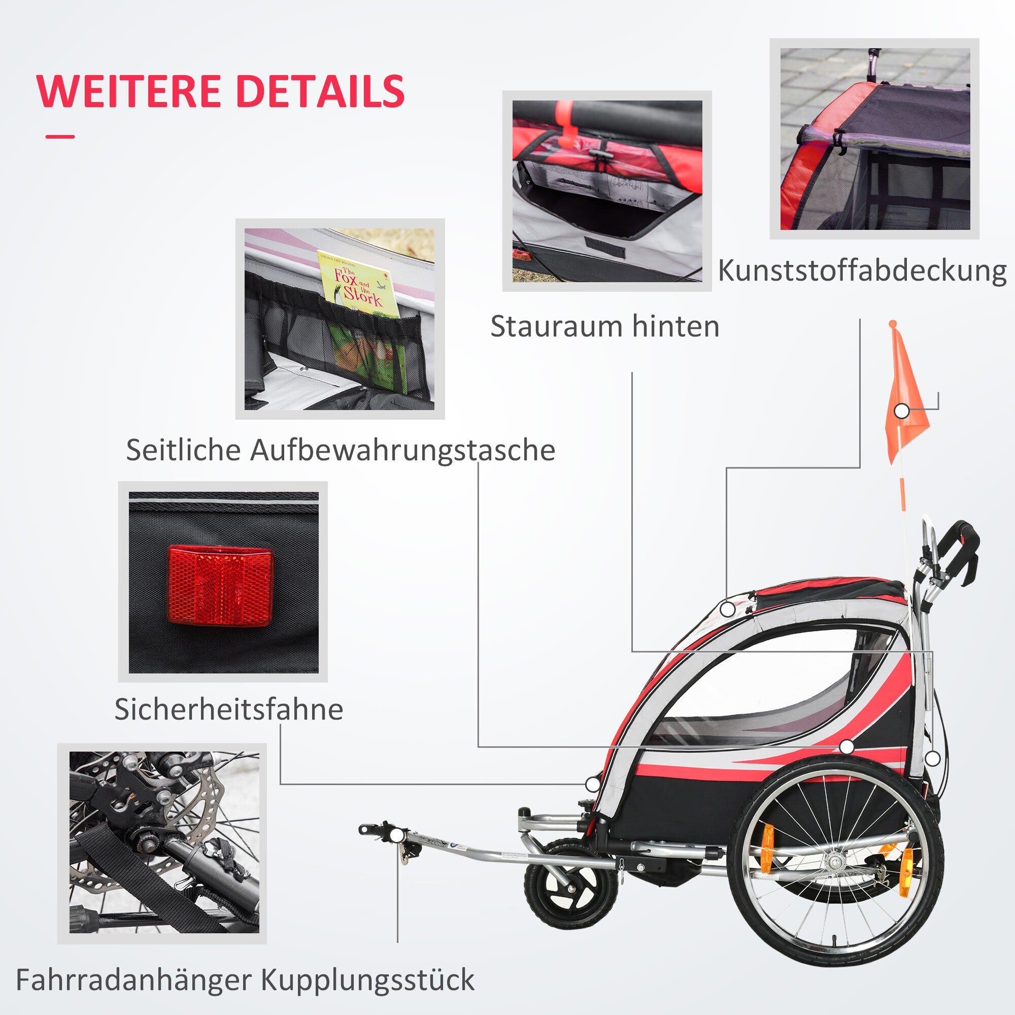 HOMCOM Kinderfahrradanhänger mit Aufbewahrungstasche 142L x 75B x 101H cm