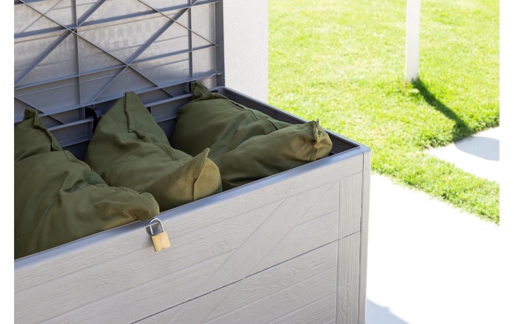 Gartenbox Wood 420 l Warmgrau<br>Multifunktionale Kissenbox