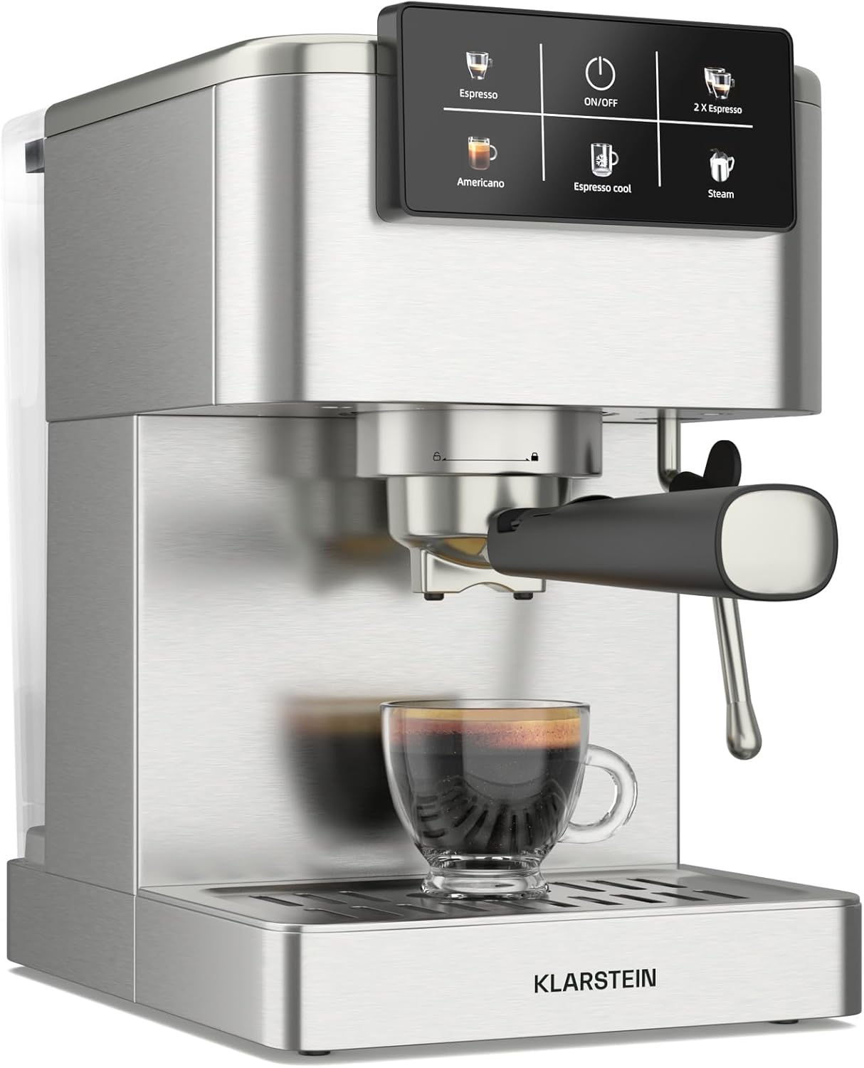 Klarstein SteelPresso Touch Siebträgermaschine – 20-Bar, 1350 W, Edelstahl, 1,5-L-Wassertank, Touch-Display, Integrierter Milchaufschäumer, Kompaktes Design, Kaffeemaschine