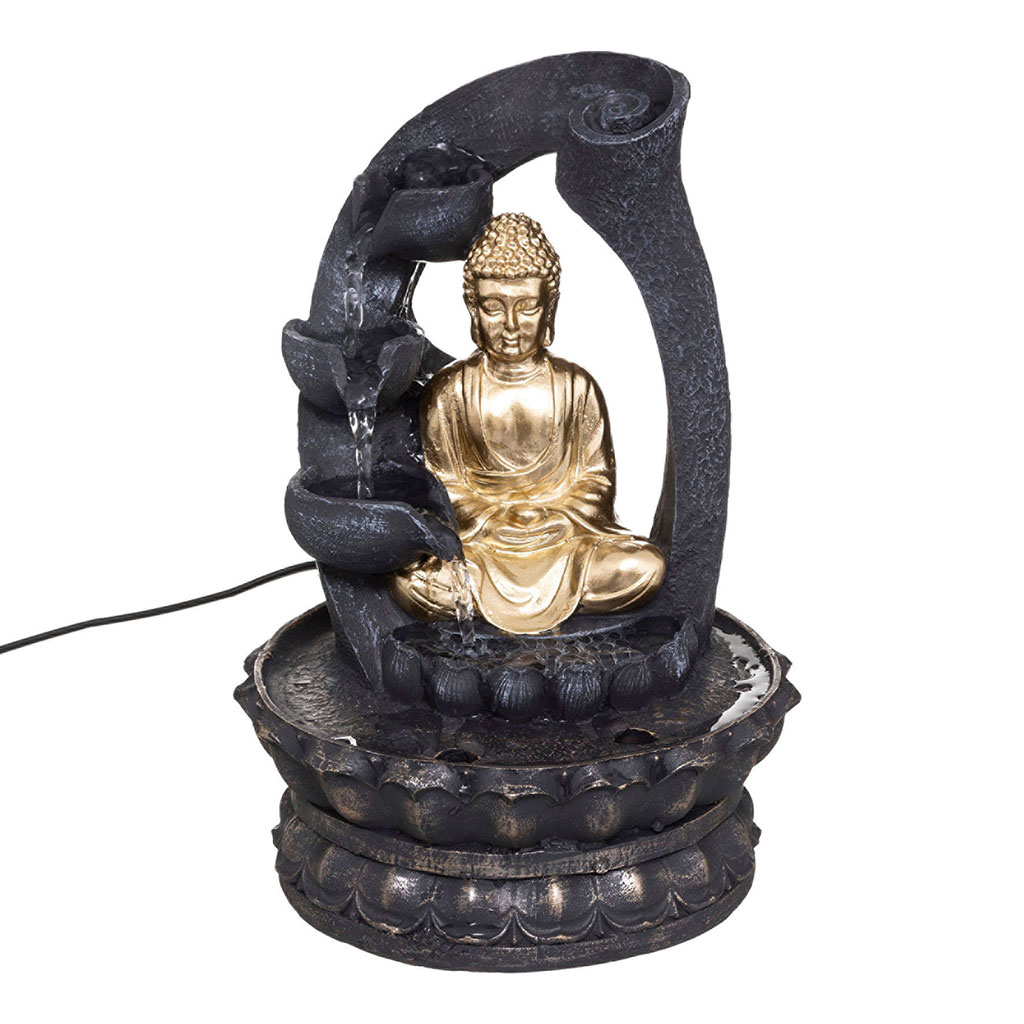 Fontaine Bouddha polyrésine noire et dorée H 27cm