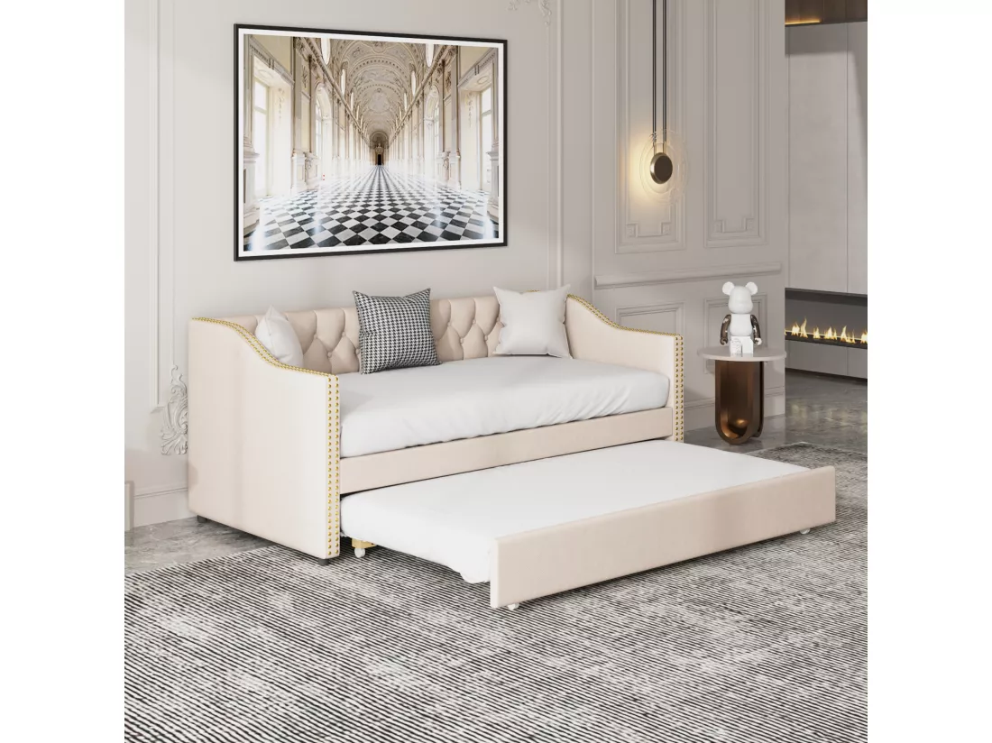 Lit gigogne lit banquette 90x200cm en lin avec sommier à lattes - Beige