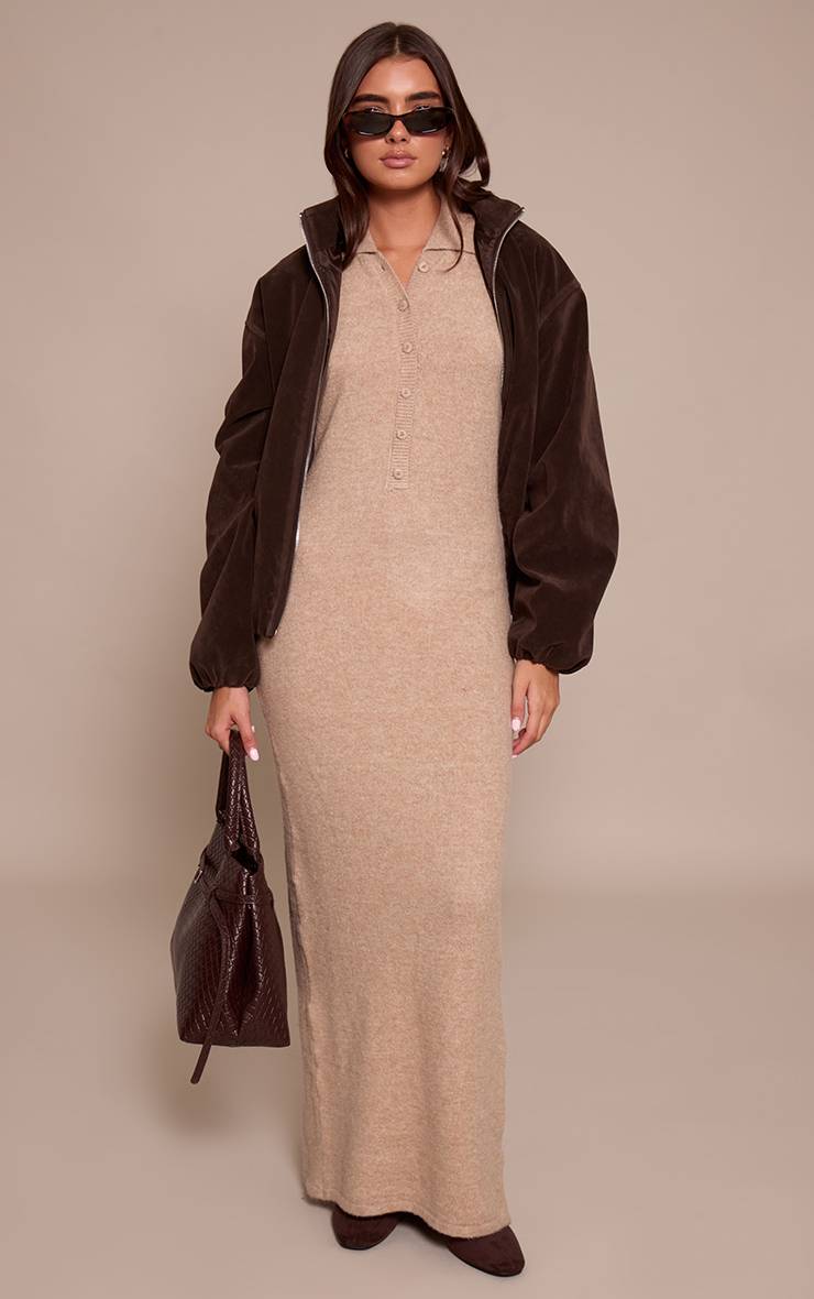 Avoine Robe Maxi En Maille Bouclette Douce Avec Col Et Boutonnière