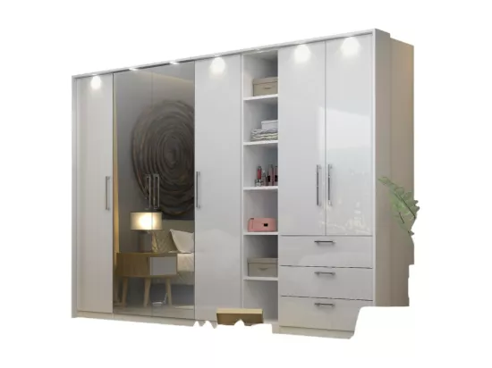 Dressing d'angle MODULO – Blanc brillant – LED & étagères inclus – Configuration personnalisable