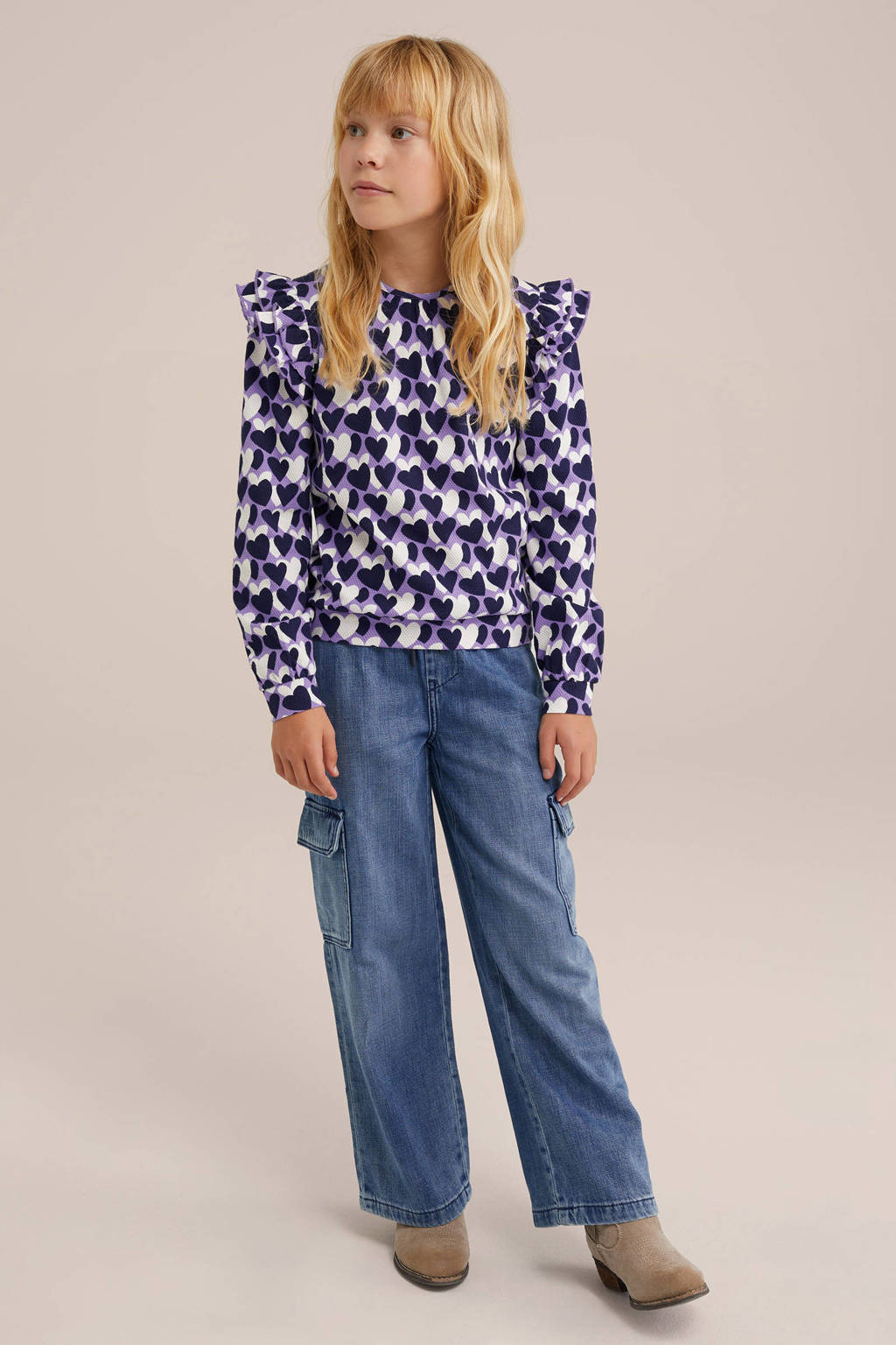 WE Fashion longsleeve met hartjes en ruches lila/donkerpaars/wit