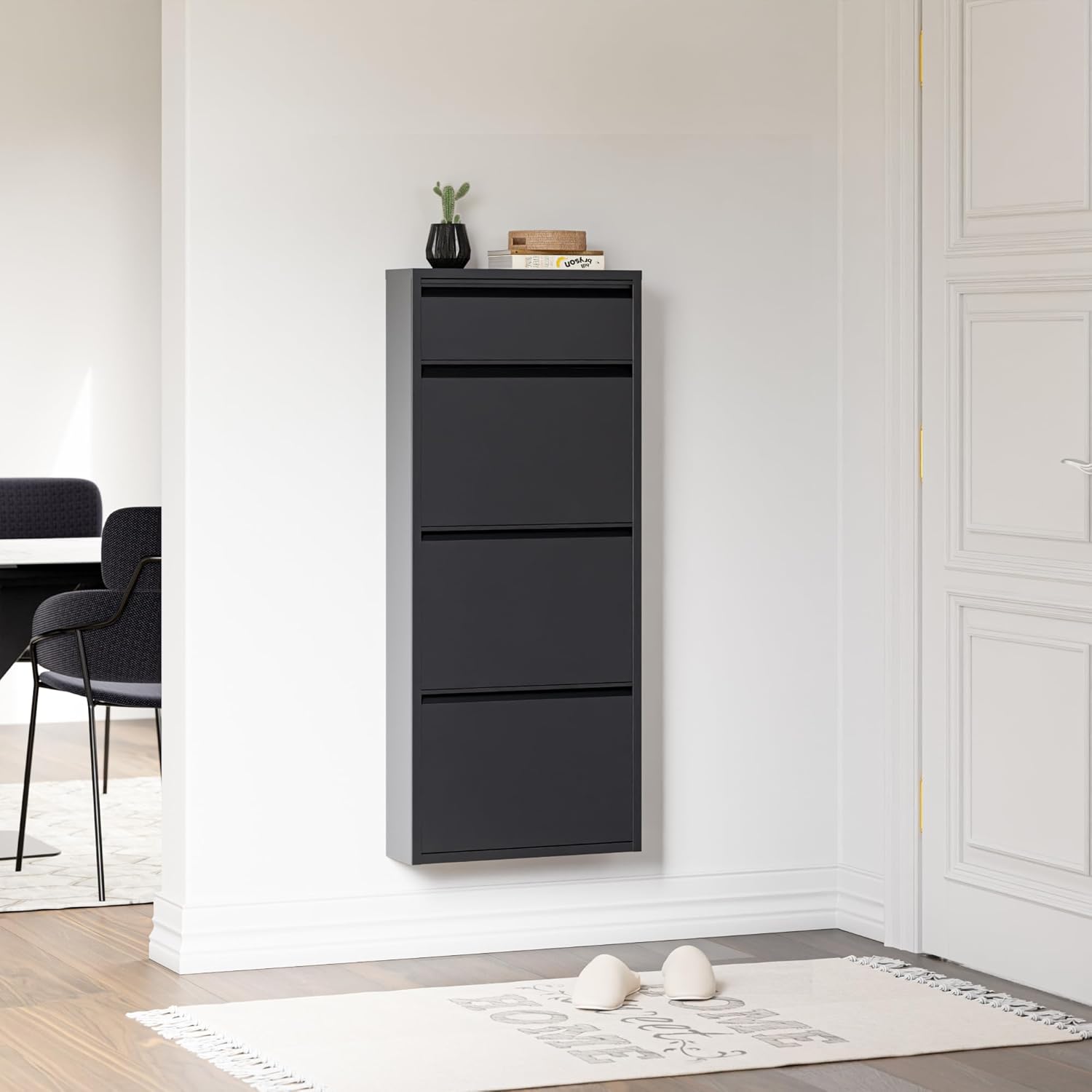 [en.casa] Schuhschrank Sokndal Schuhkipper mit 4 Klappen Metall Schuhkommode für 6 Paar Schuhe 118 x 50 x 15 cm Grau