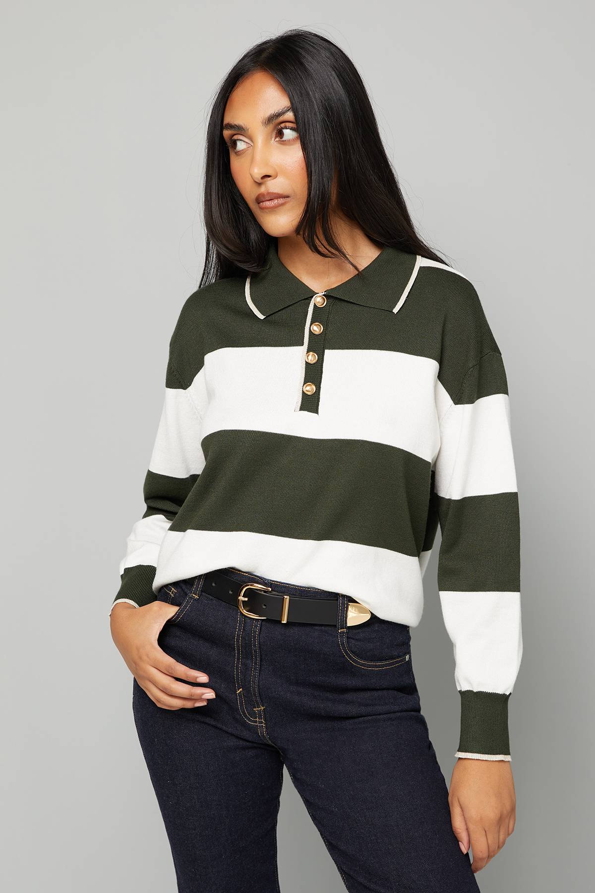 Wallis synthétiquell Polo Rayé à Col Petite Khaki