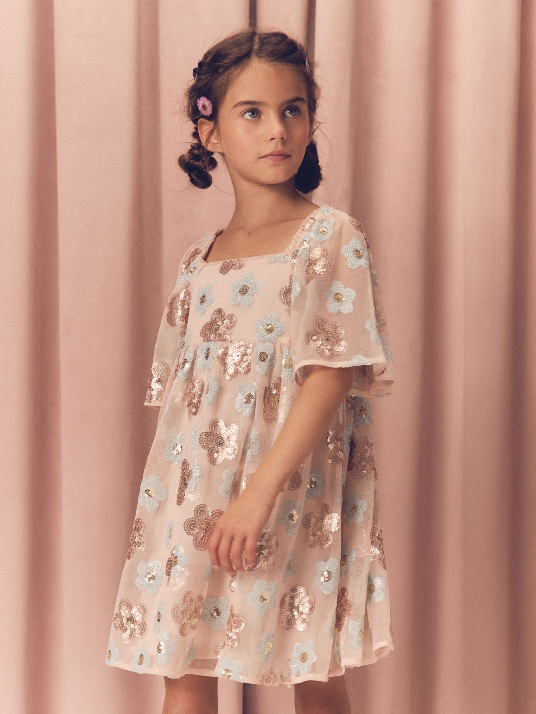 Poederroze/blauw - Jurk met bloemen en pailletten (3-16jr)