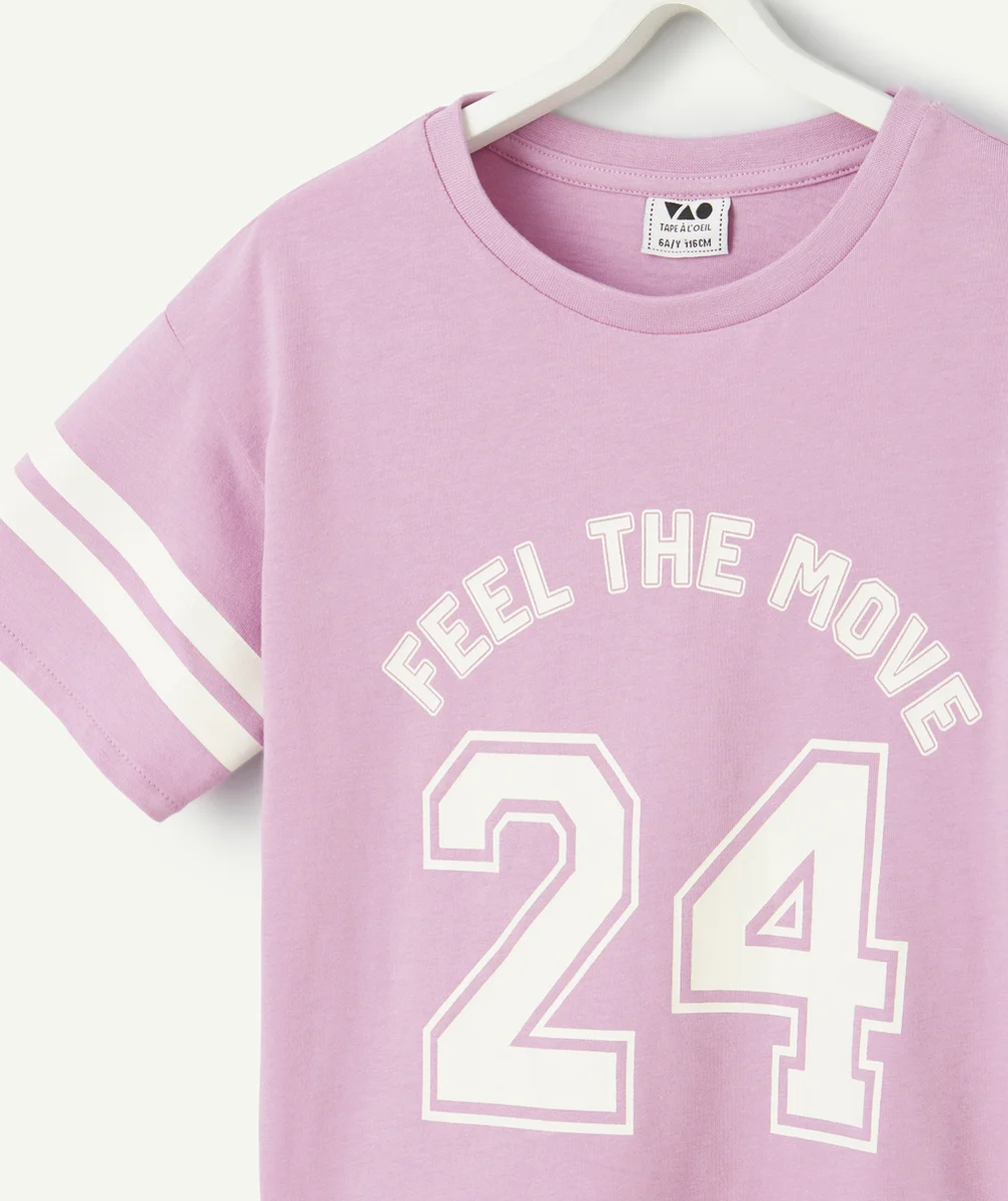 t-shirt fille en coton biologique mauve avec chiffres et messages