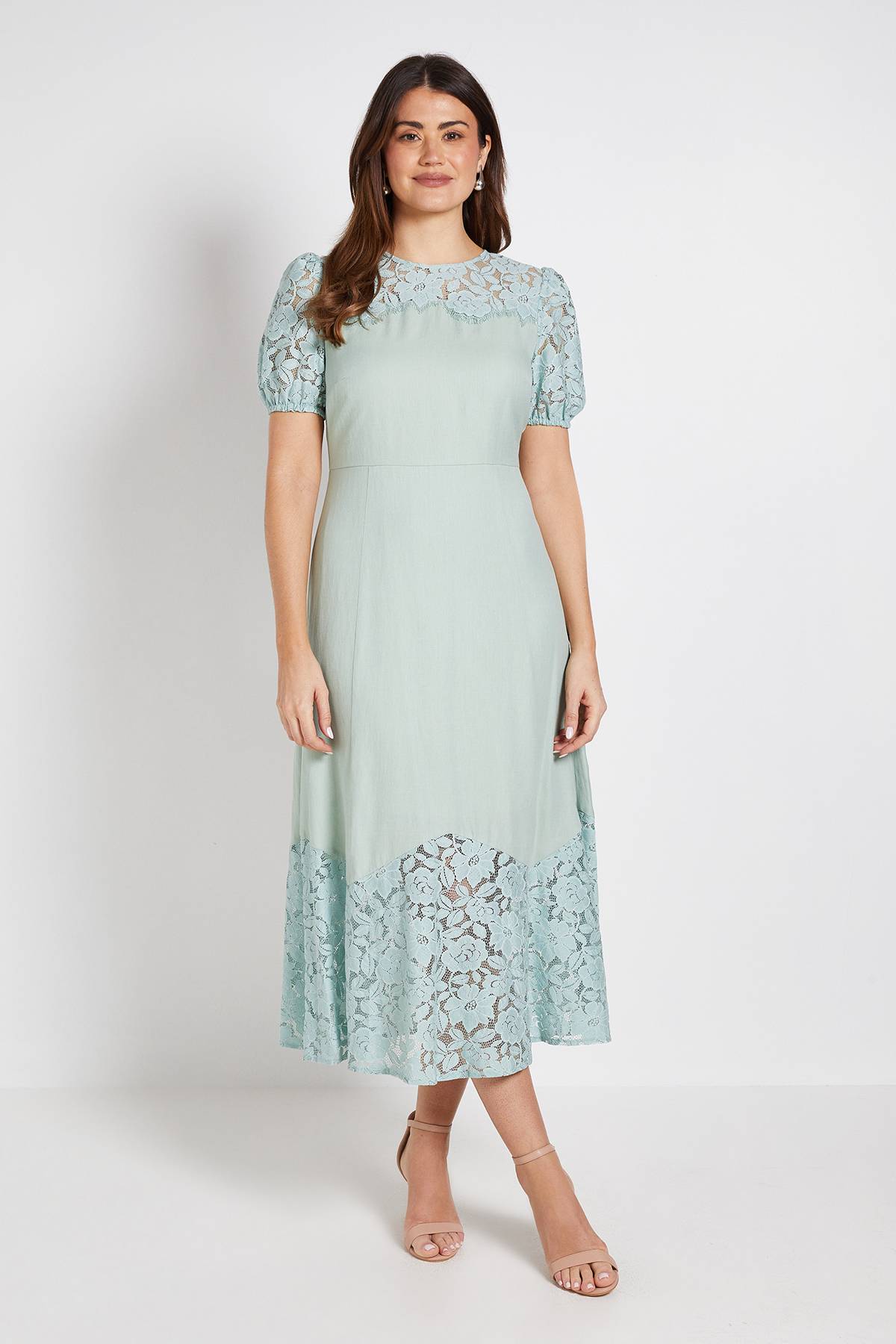 Wallis Robe Midi En Dentelle À Manches Bouffantes