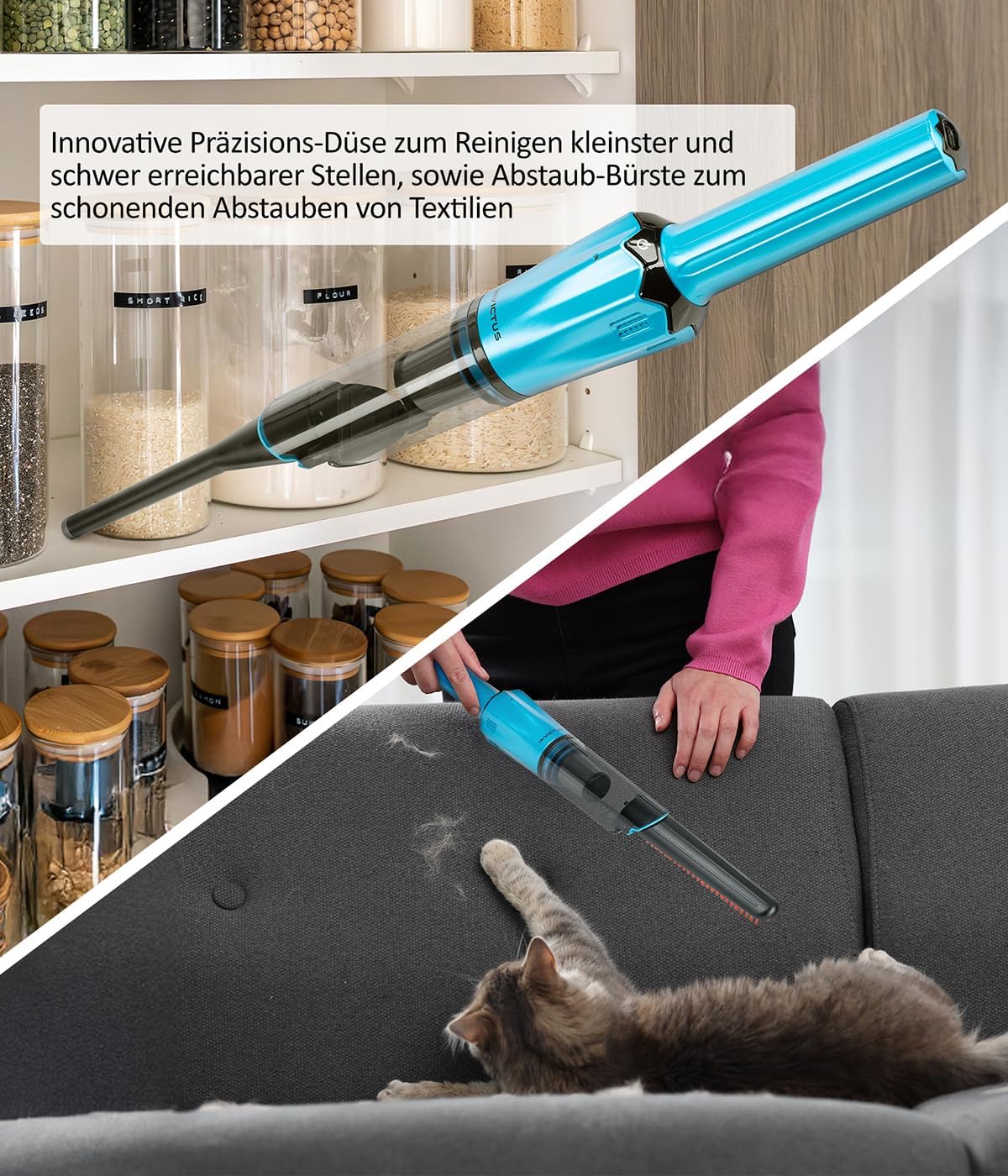 Genius Invictus ONE Prestige Deluxe Akku-Handstaubsauger Set 18 TLG, Auto Staubsauger, Saugleistung 12000 Pa, Ladestation, HEPA Filter, Kombi Düsen, Tierhaarbürste, Staubbehälter 70 ML. Farbe Blau
