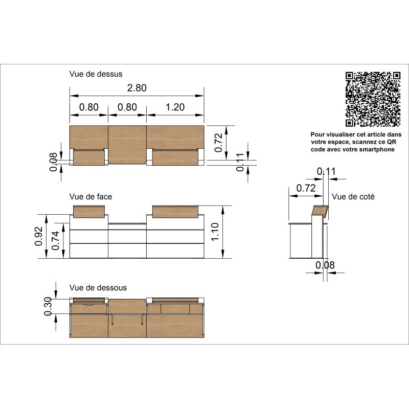 Banque d'accueil droite L 280 x P 83 cm Quadri chêne