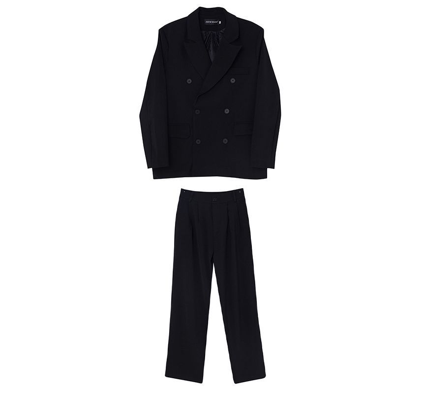 Omozando - Set: Effen dubbelrijs blazer + Hoge taille wijde broek