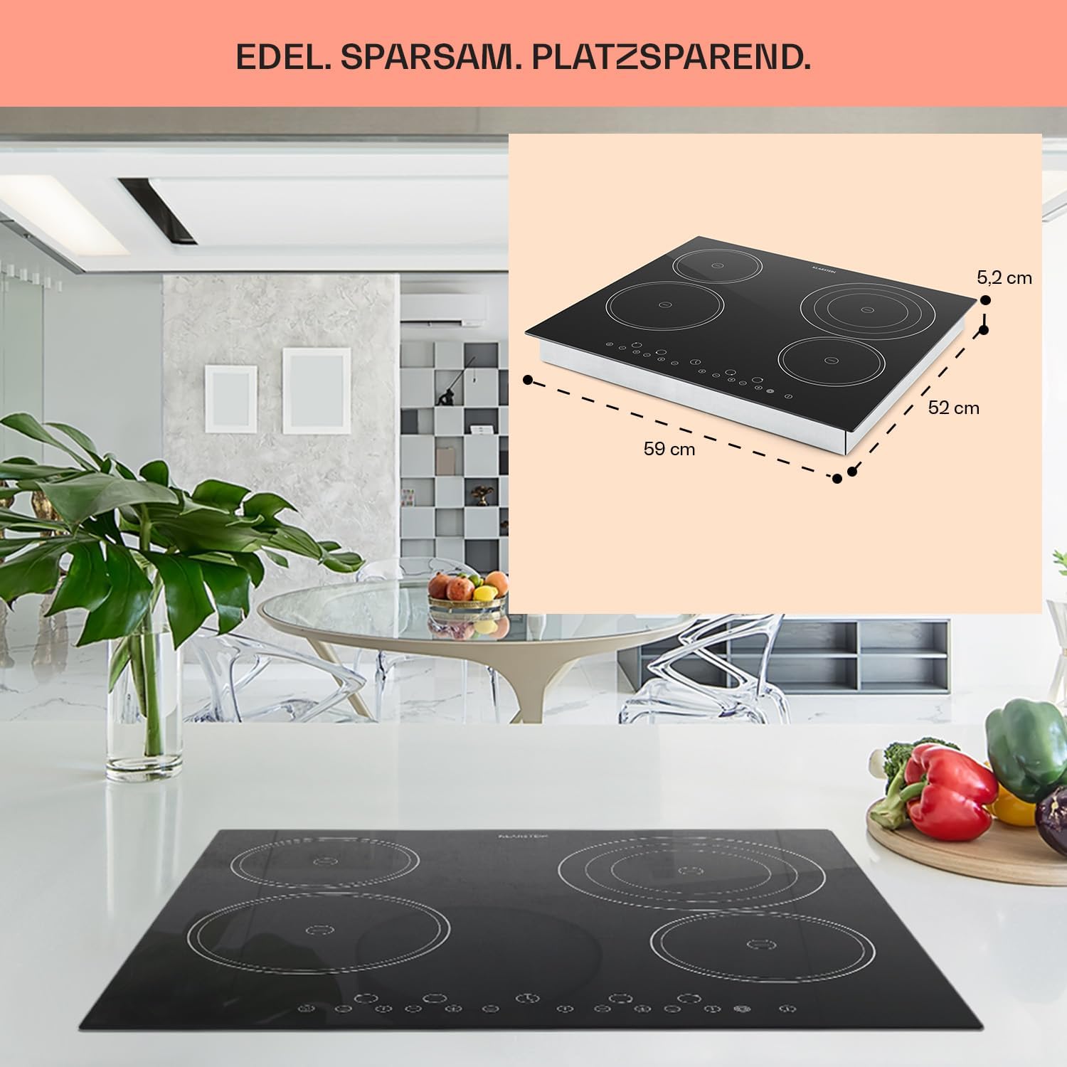 Klarstein Glaskeramik Kochfeld, Einbau-Kochfeld mit 4 Platten, 6500 W Elektro Kochfeld zum Kochen, Modernes Glaskeramikkochfeld, Glaskeramik Herdplatte mit 4 Kochfelder, Einbau Kochfeld Keramik