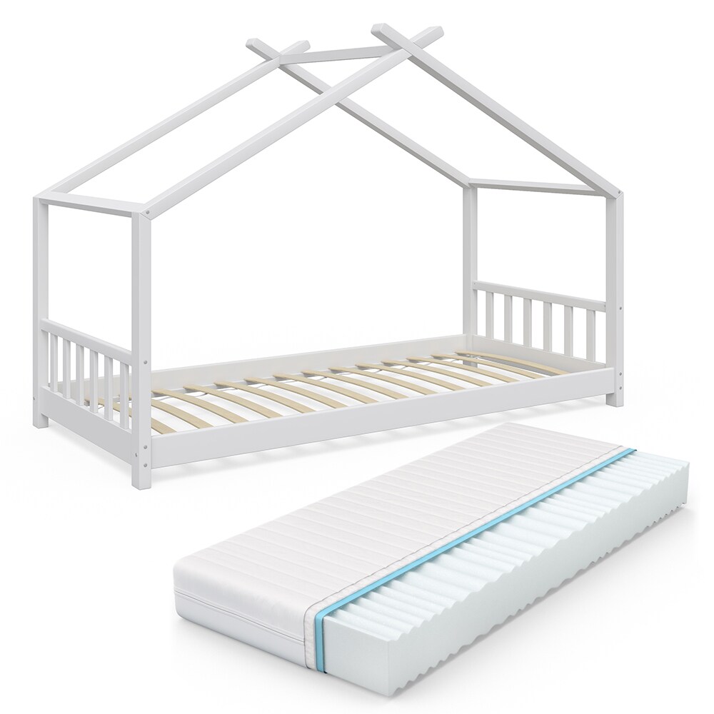 VitaliSpa Design Kinderbett Hausbett Weiß Kinderhaus Holzbett Matratze 90x200
