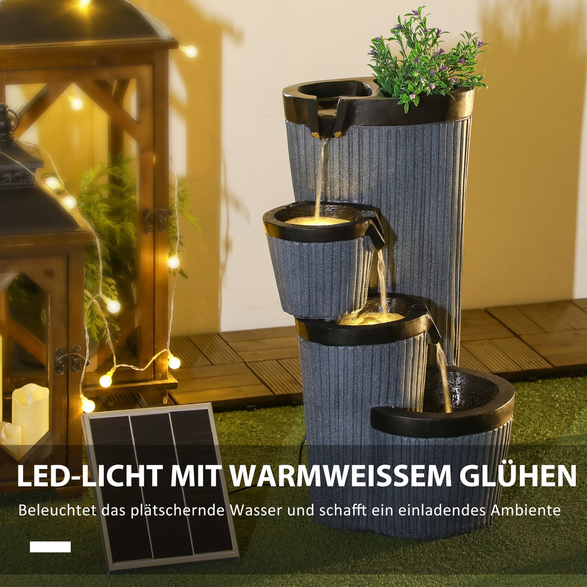 Outsunny Tuinfontein, Solarfontein met LED-verlichting, 4-laags, met bloembak, voor tuin, balkon, 33 x 30 x 57,5 cm, Hars, Donkergrijs