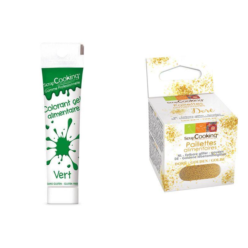 Gel colorant alimentaire vert + paillettes dorées Scrapcooking