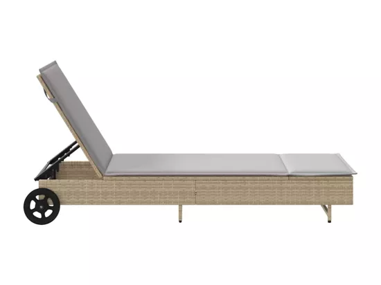 Chaise longue avec roues et coussin gris résine tressée